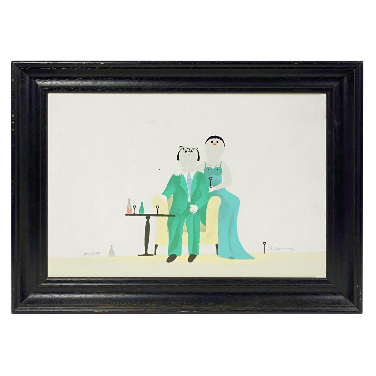 Mid-Century Modern Five Stylish Paintings by German Artist Barbara Oldenburg with Comical Elements For Sale