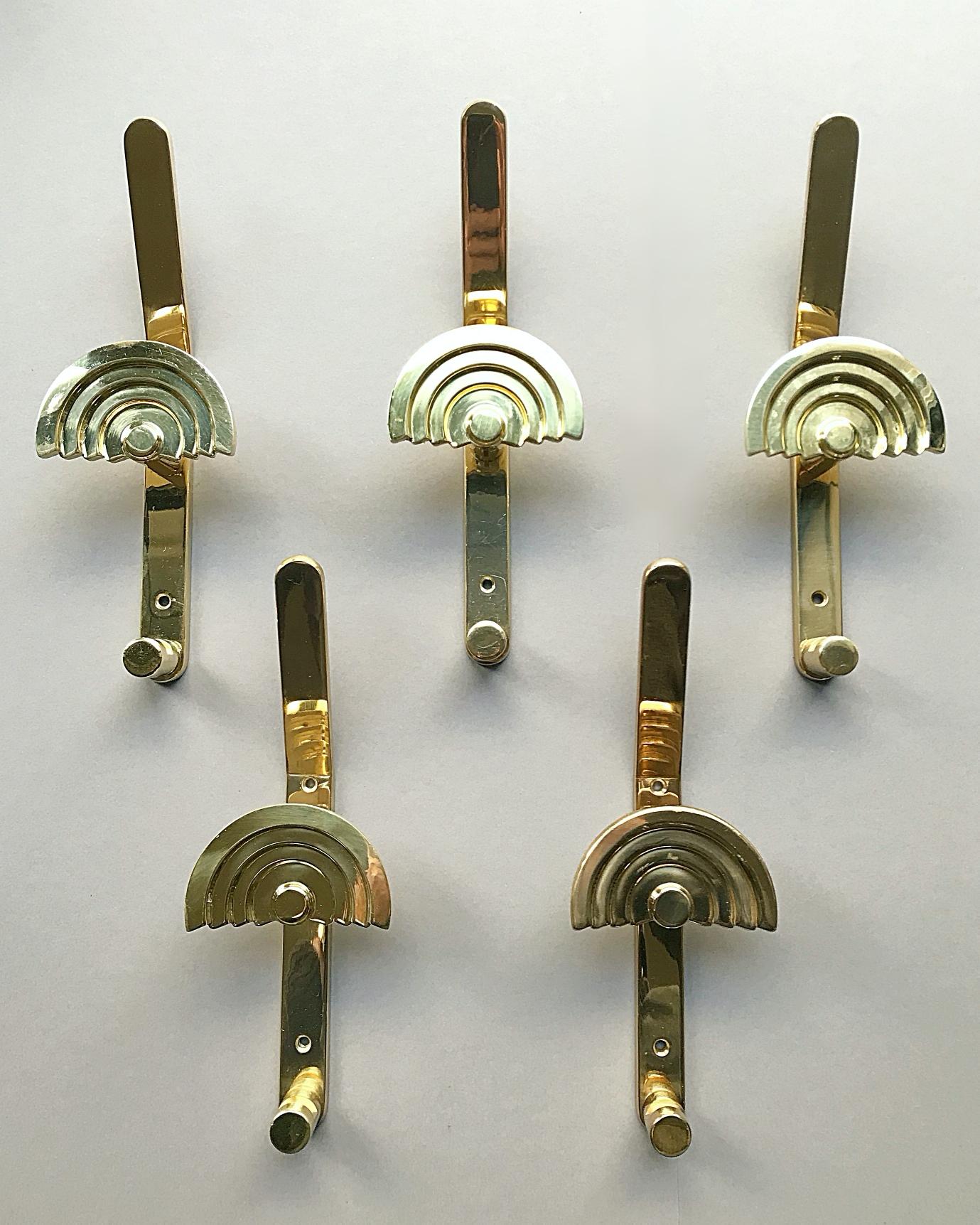 Art Deco Five Sunburst Ettore Sottsass Quattro Se Brass Coat Wall Hooks, 1980s, Italy