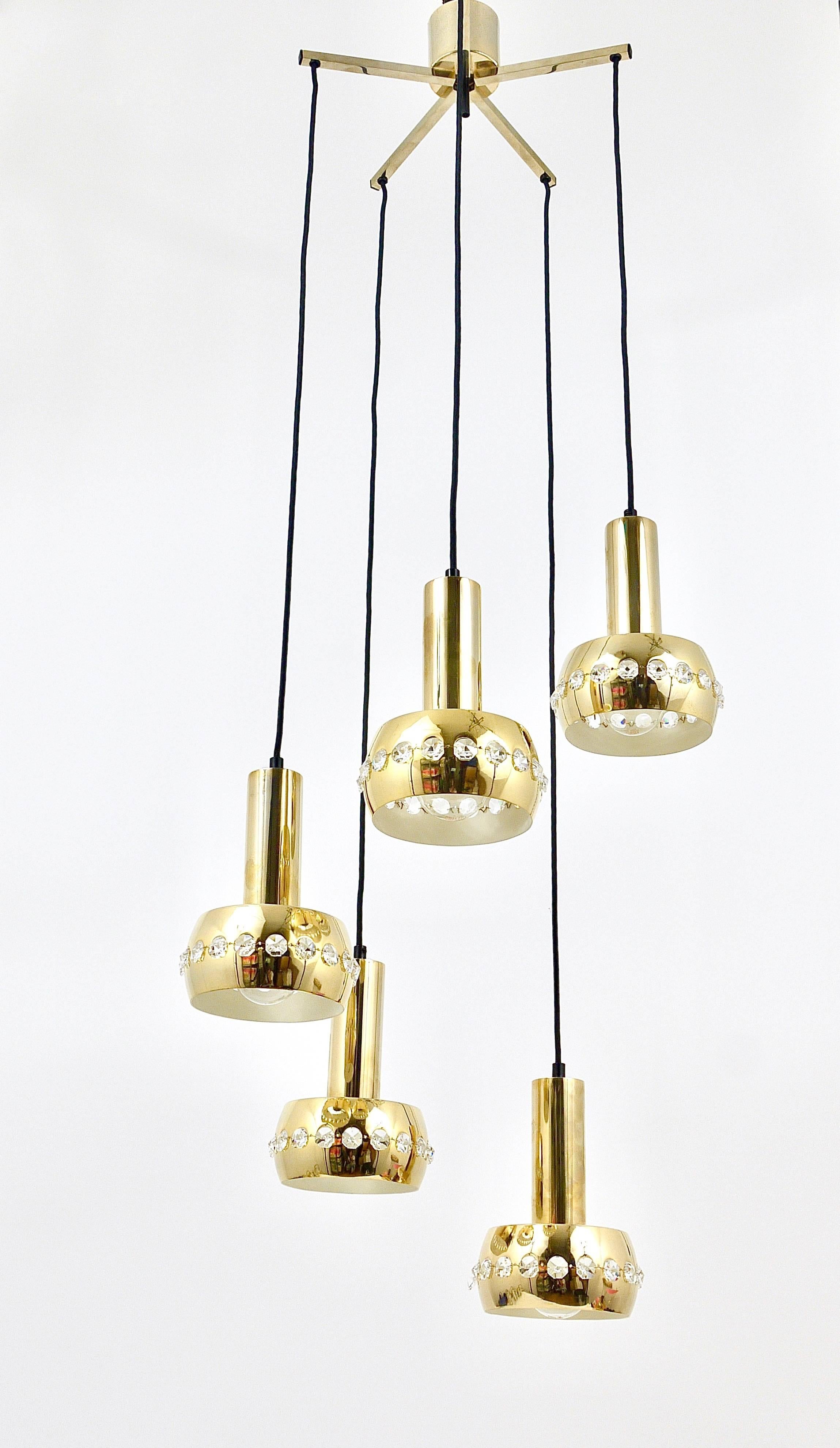 Five-Tier Bakalowits Brass & Crystals Cascade Chandelier Pendant Light, Austria For Sale 4