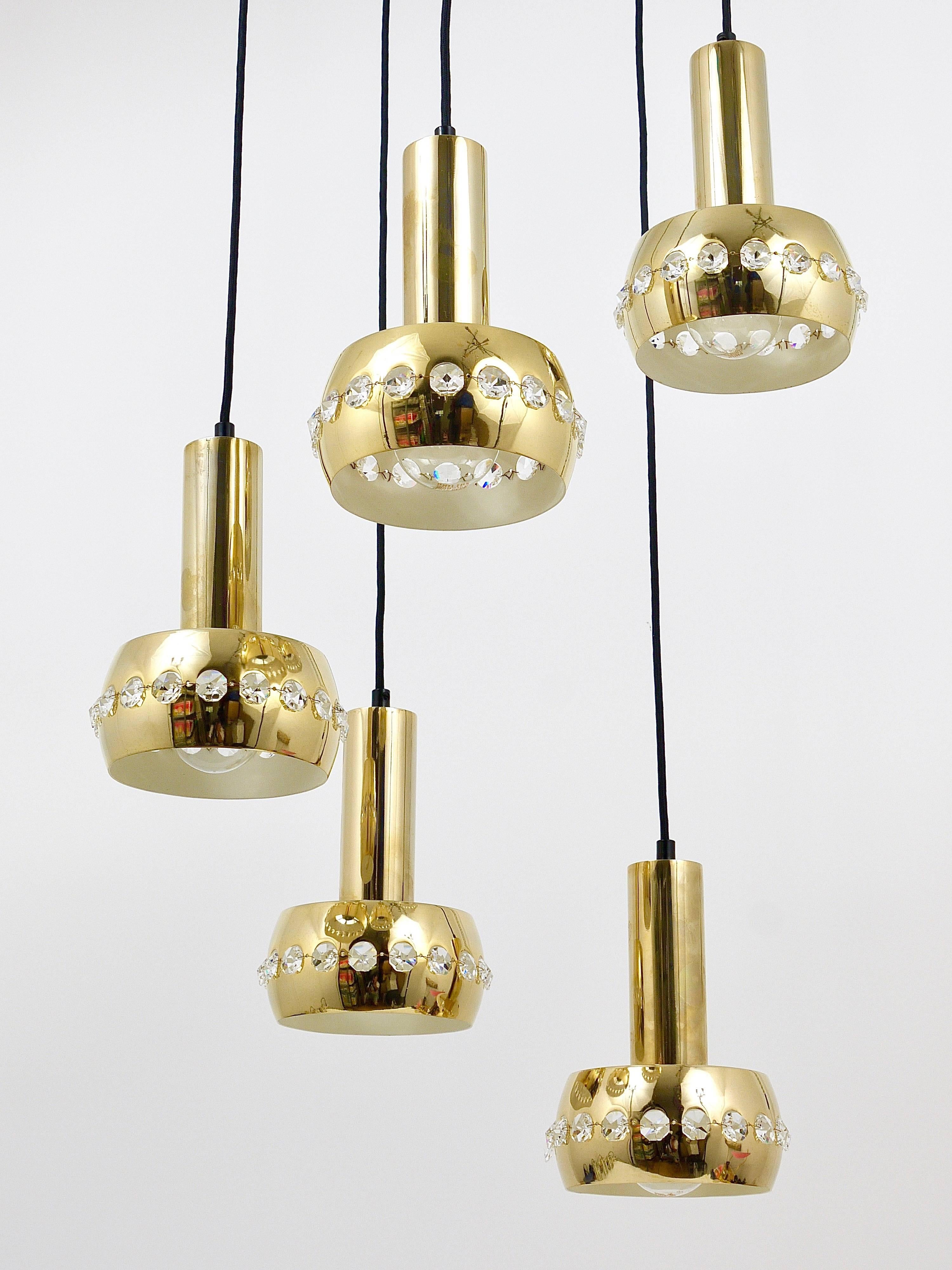 Five-Tier Bakalowits Brass & Crystals Cascade Chandelier Pendant Light, Austria For Sale 11