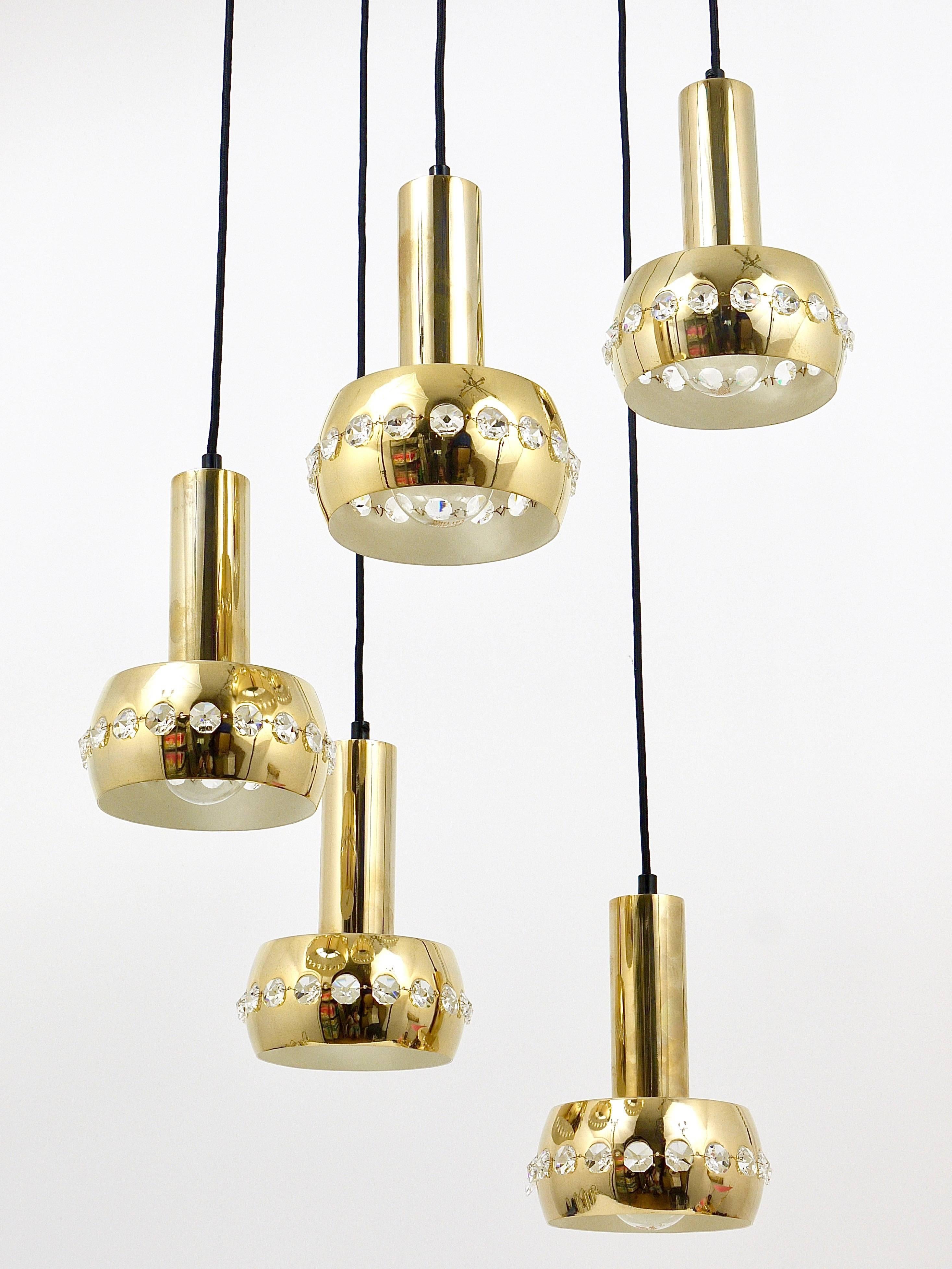 Five-Tier Bakalowits Brass & Crystals Cascade Chandelier Pendant Light, Austria For Sale 12