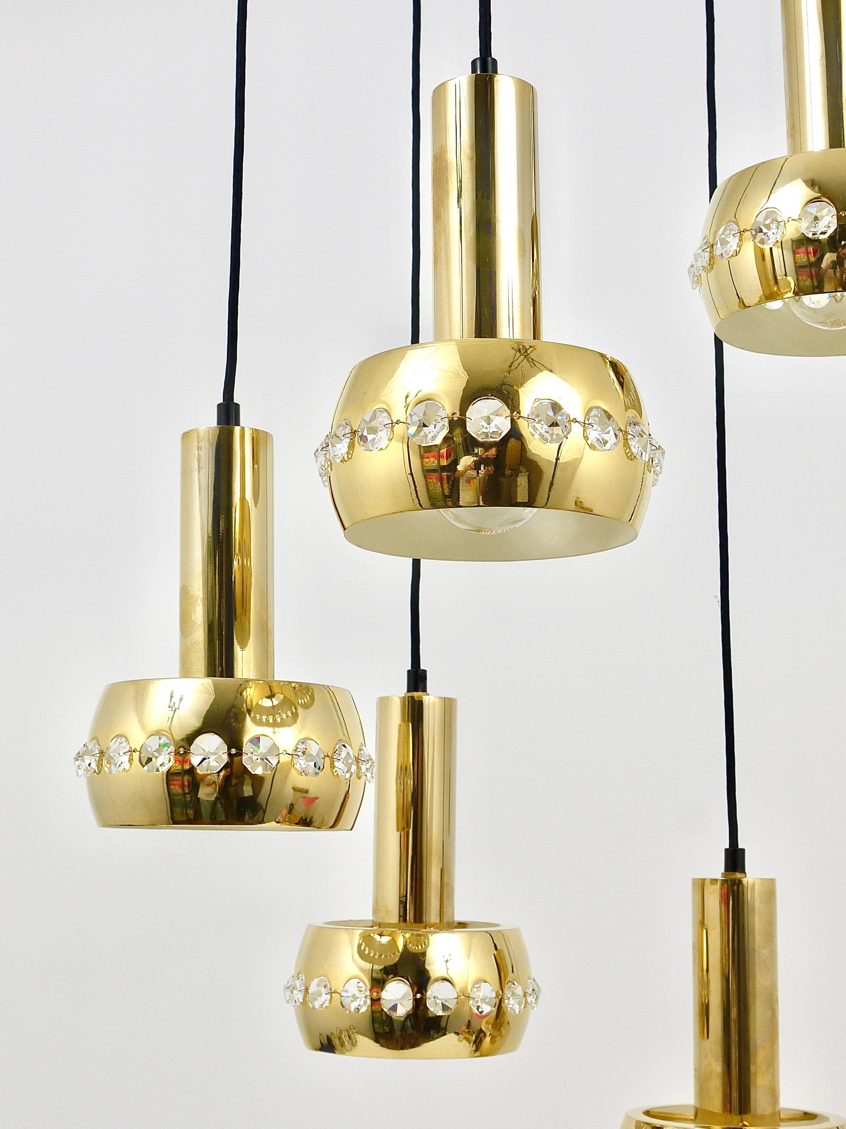 Five-Tier Bakalowits Brass & Crystals Cascade Chandelier Pendant Light, Austria For Sale 3
