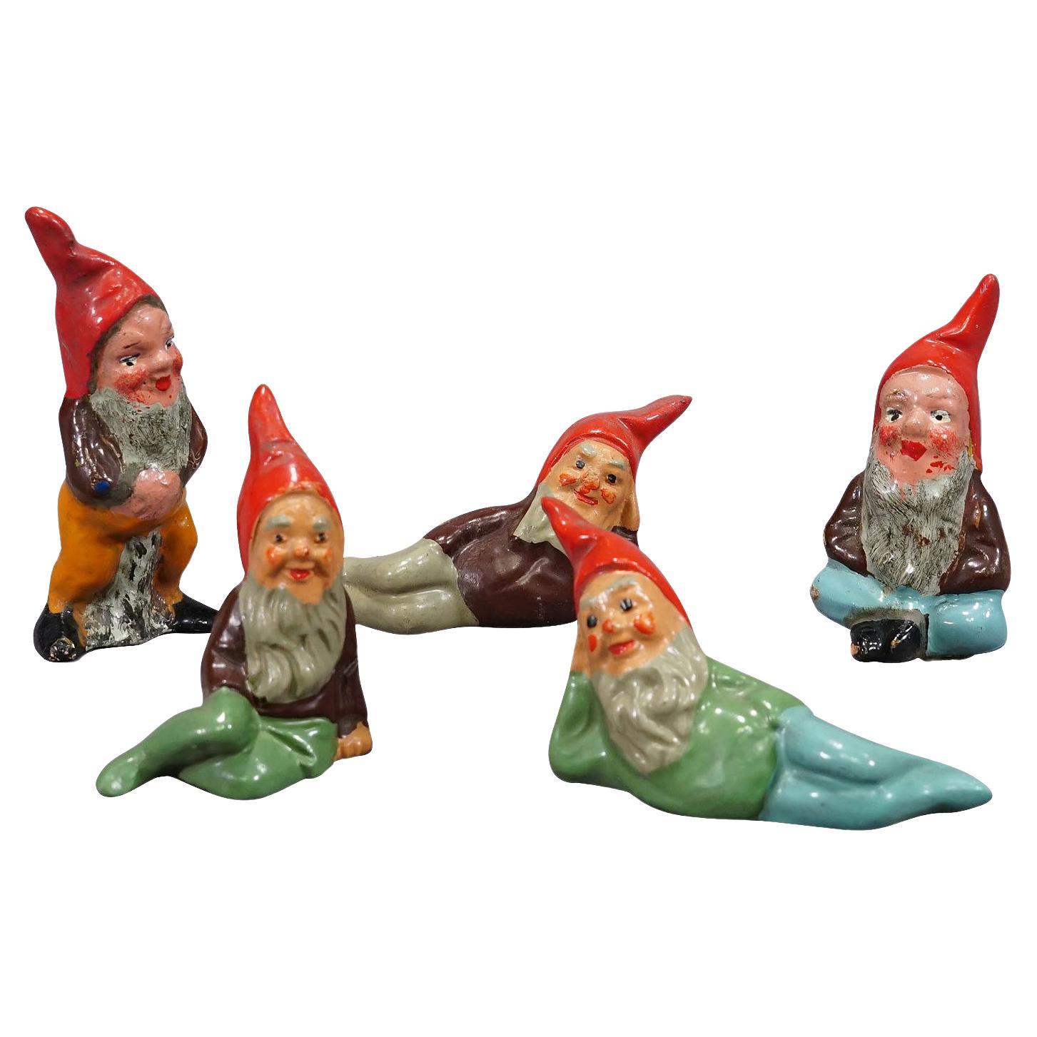 Five Tiny Terracotta Garden Gnomes, Germany ca. 1950s