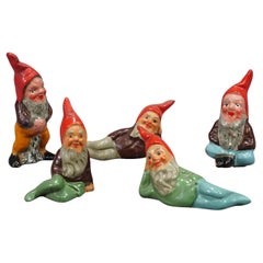 Vintage Five Tiny Terracotta Garden Gnomes, Germany ca. 1950s
