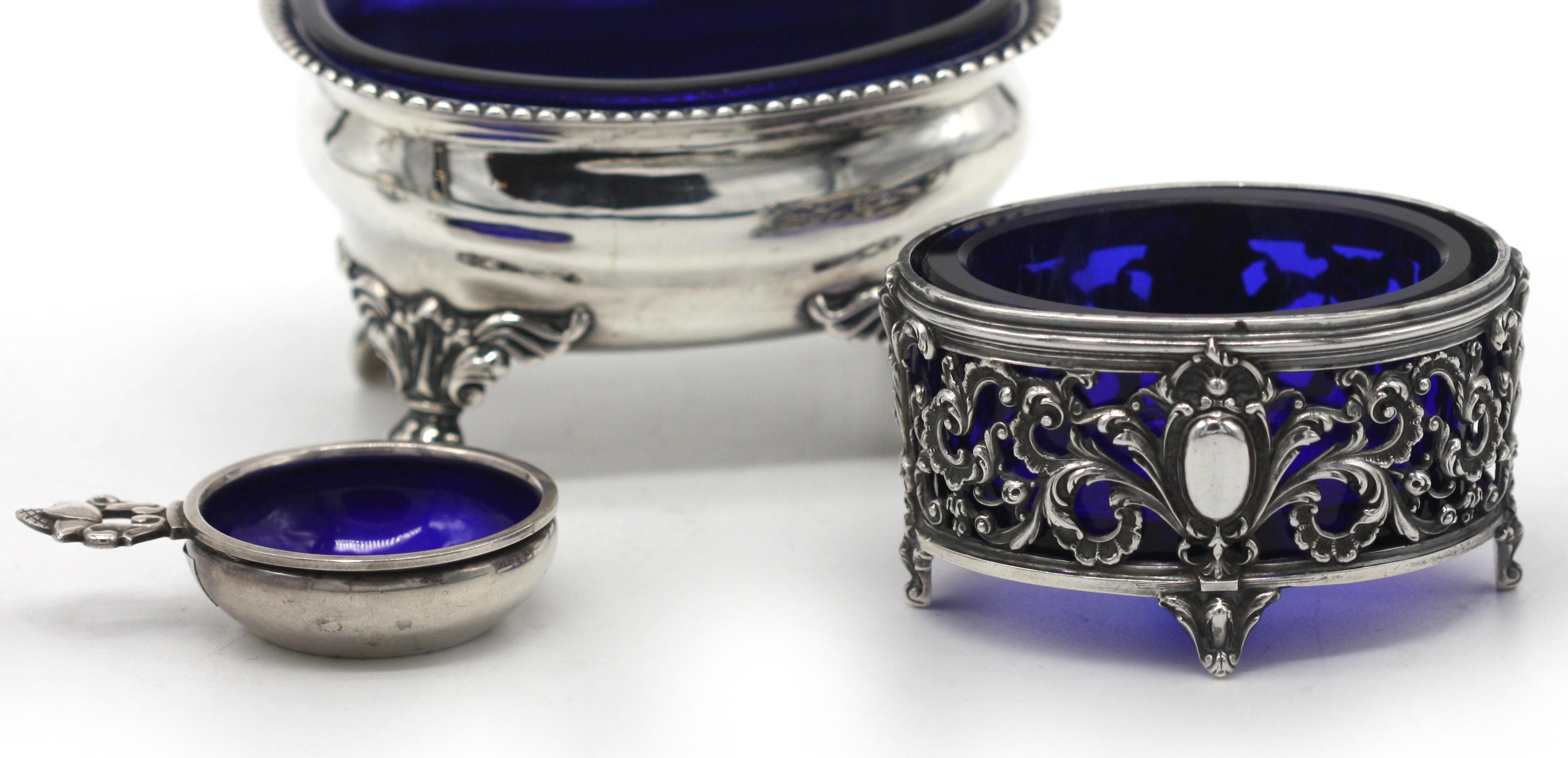 Five Various Silver and Cobalt Glass Salts In Good Condition For Sale In West Palm Beach, FL