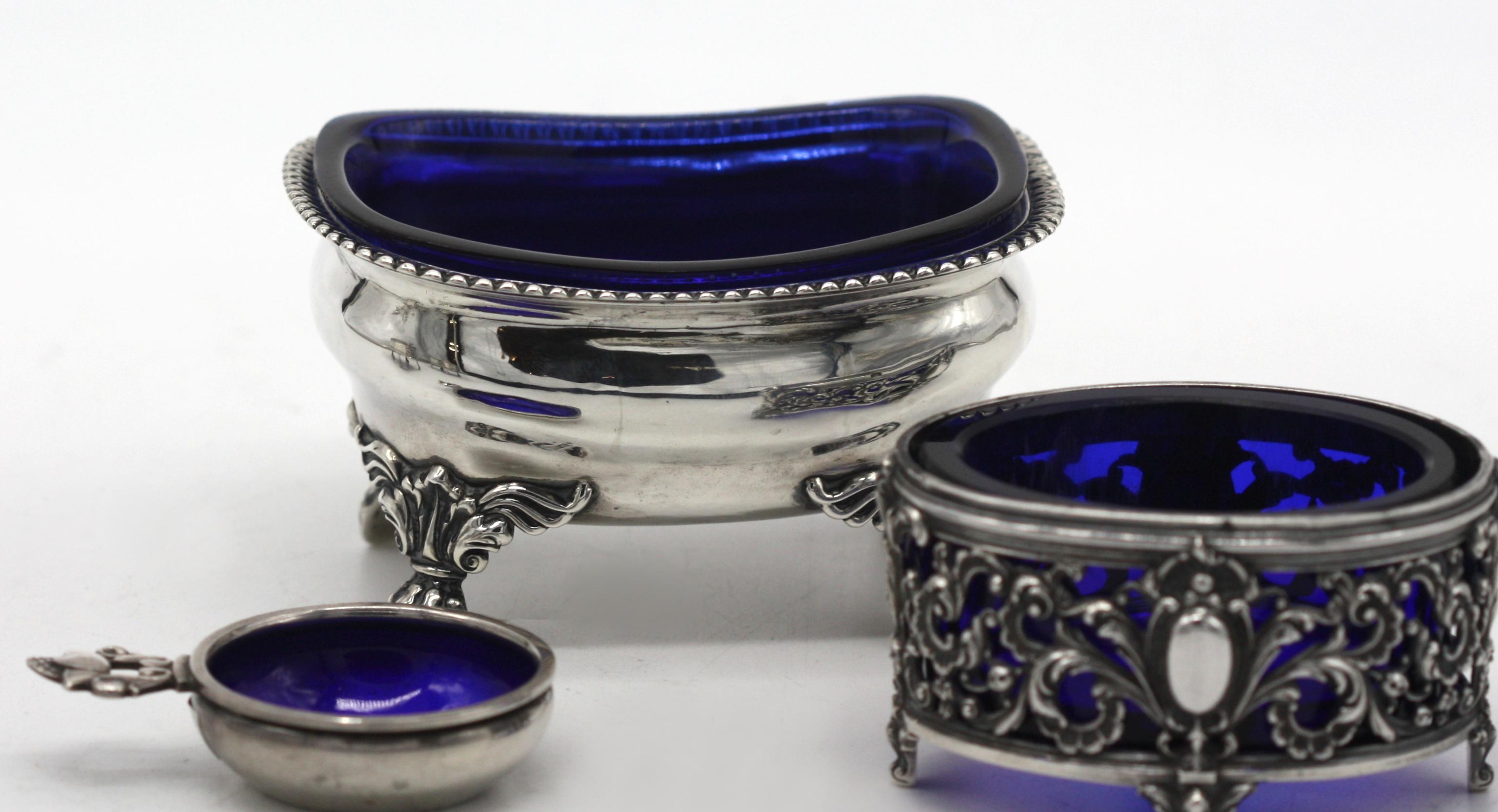 Five Various Silver and Cobalt Glass Salts For Sale 2