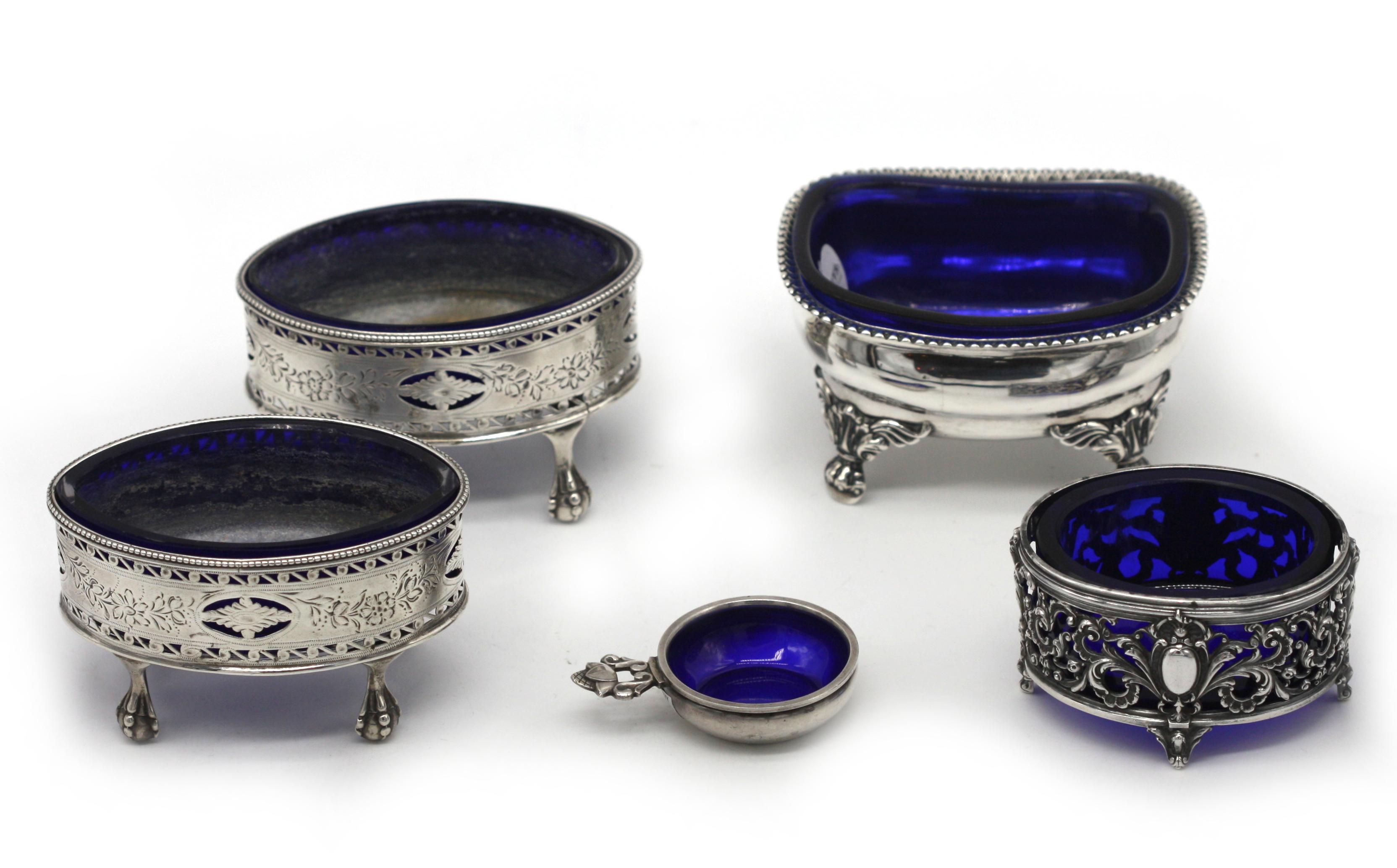 Five Various Silver and Cobalt Glass Salts For Sale 4