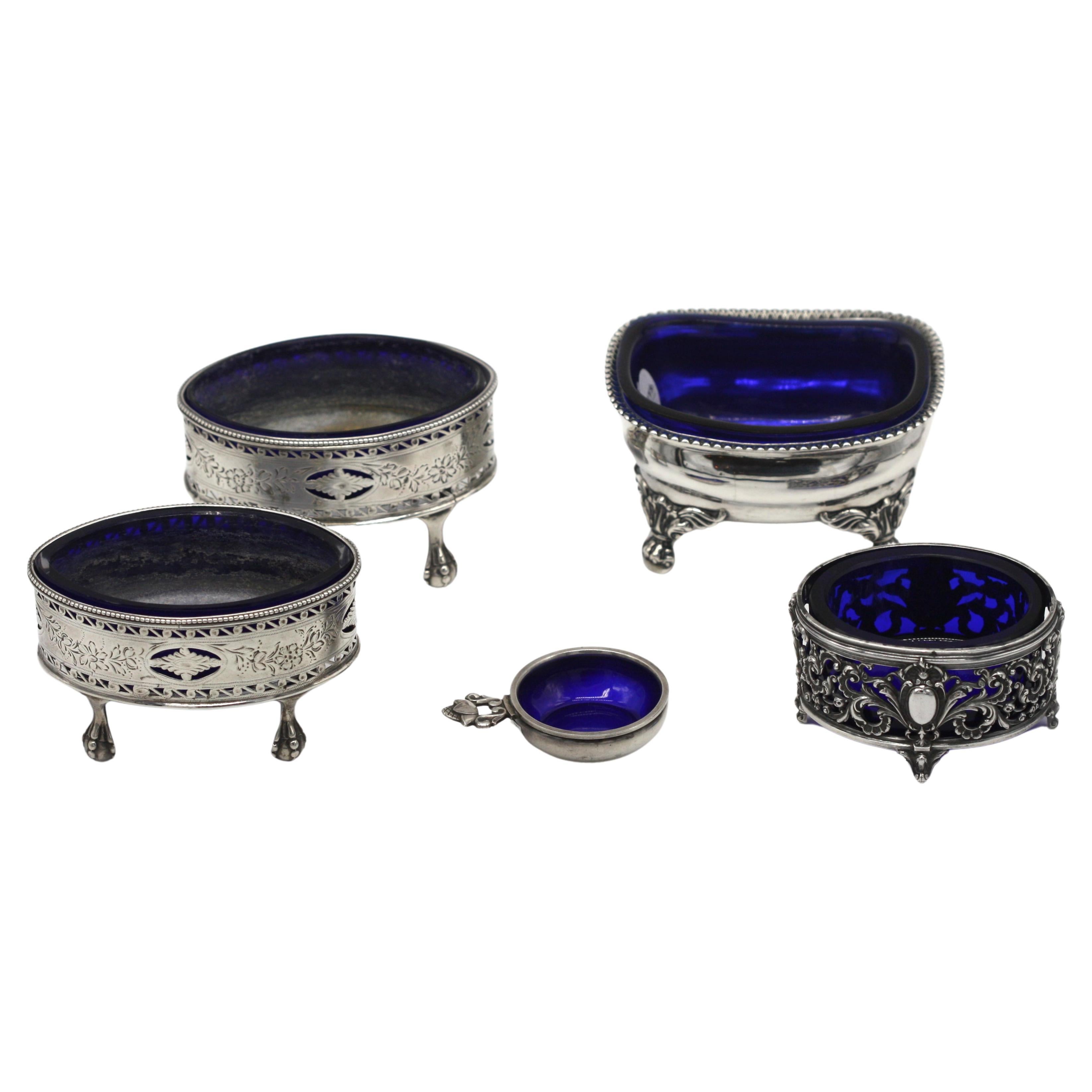 Five Various Silver and Cobalt Glass Salts For Sale