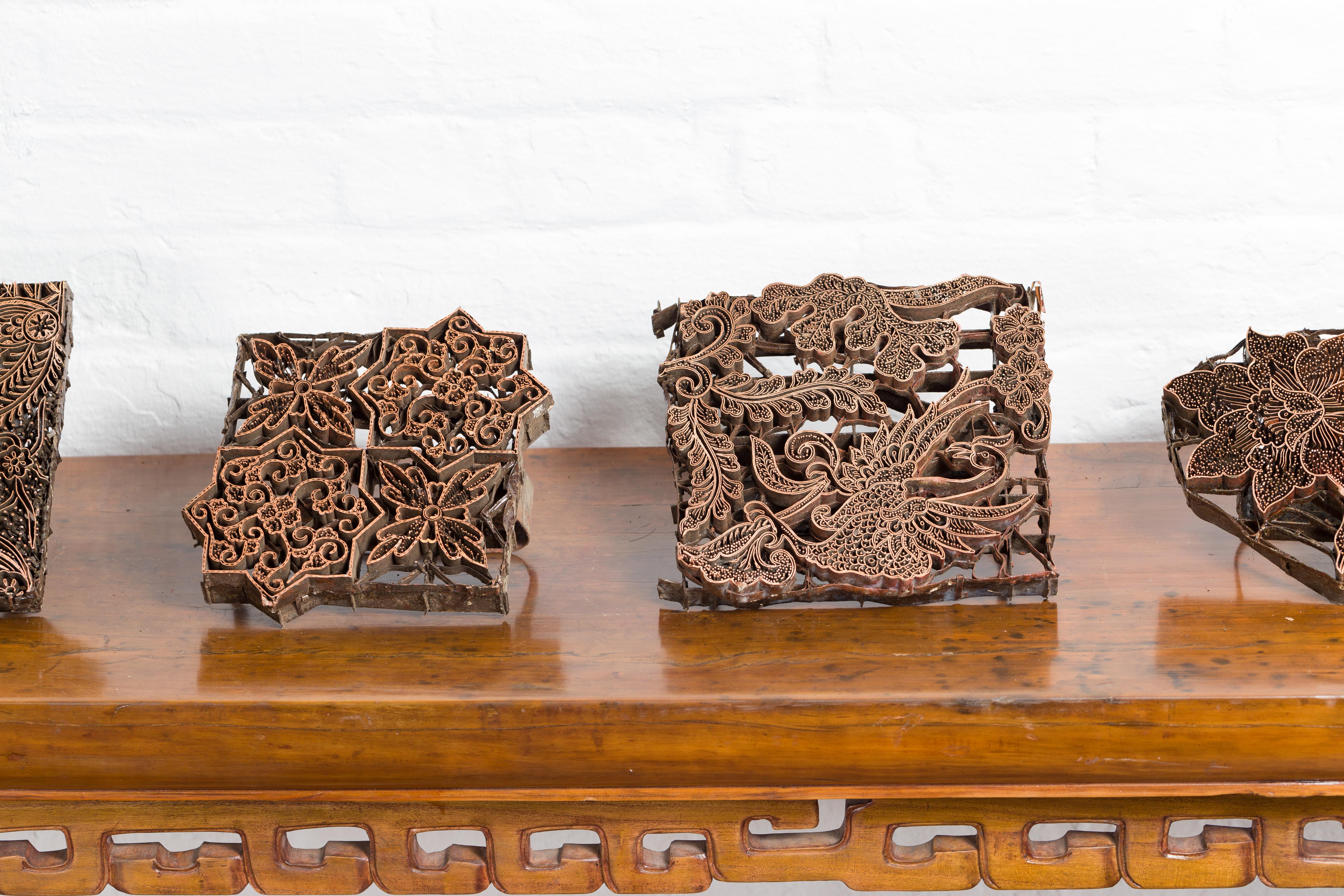 Five Vintage Indonesian Copper Batik Textile Floral Printing Blocks with Handles 6