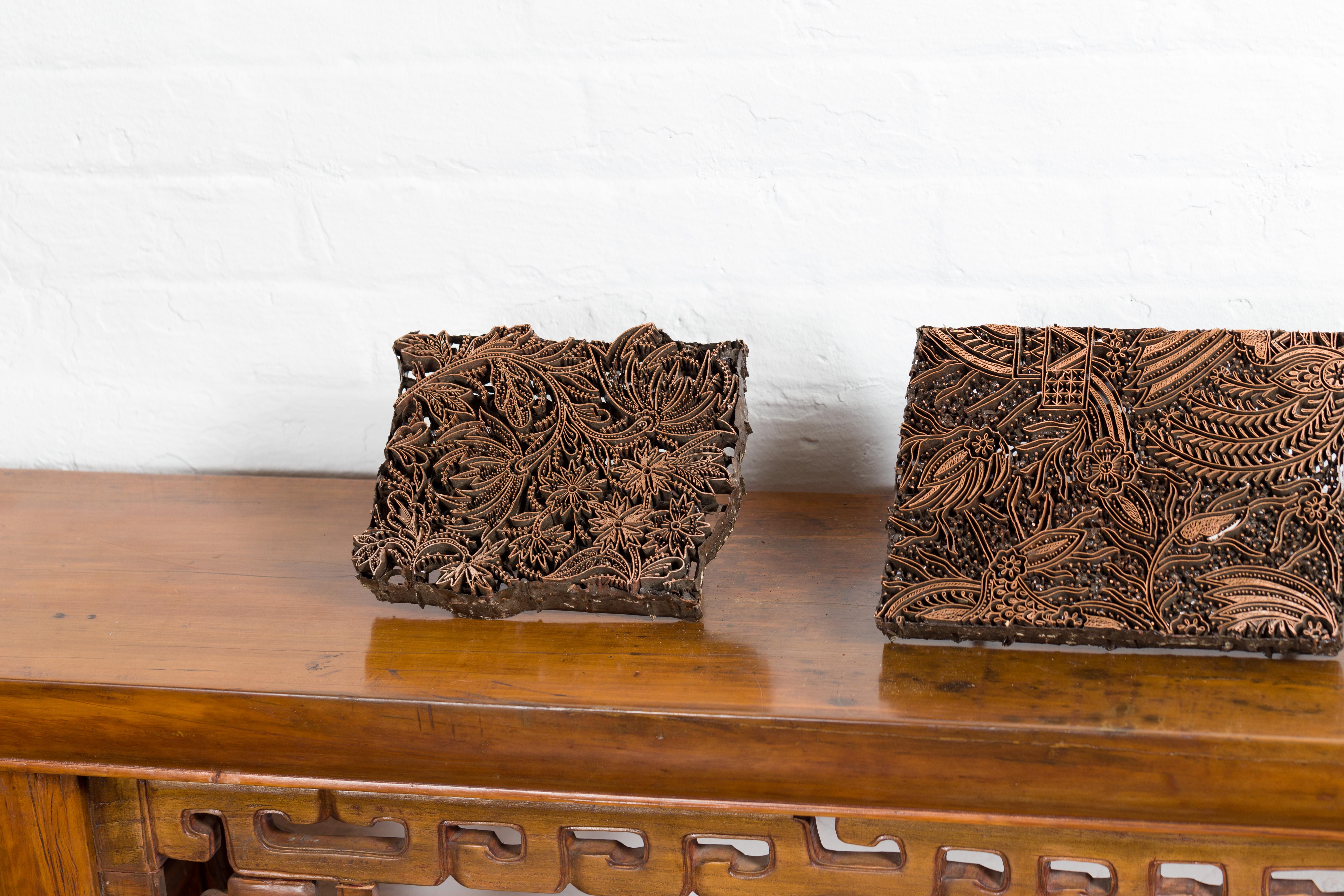 20th Century Five Vintage Indonesian Copper Batik Textile Floral Printing Blocks with Handles