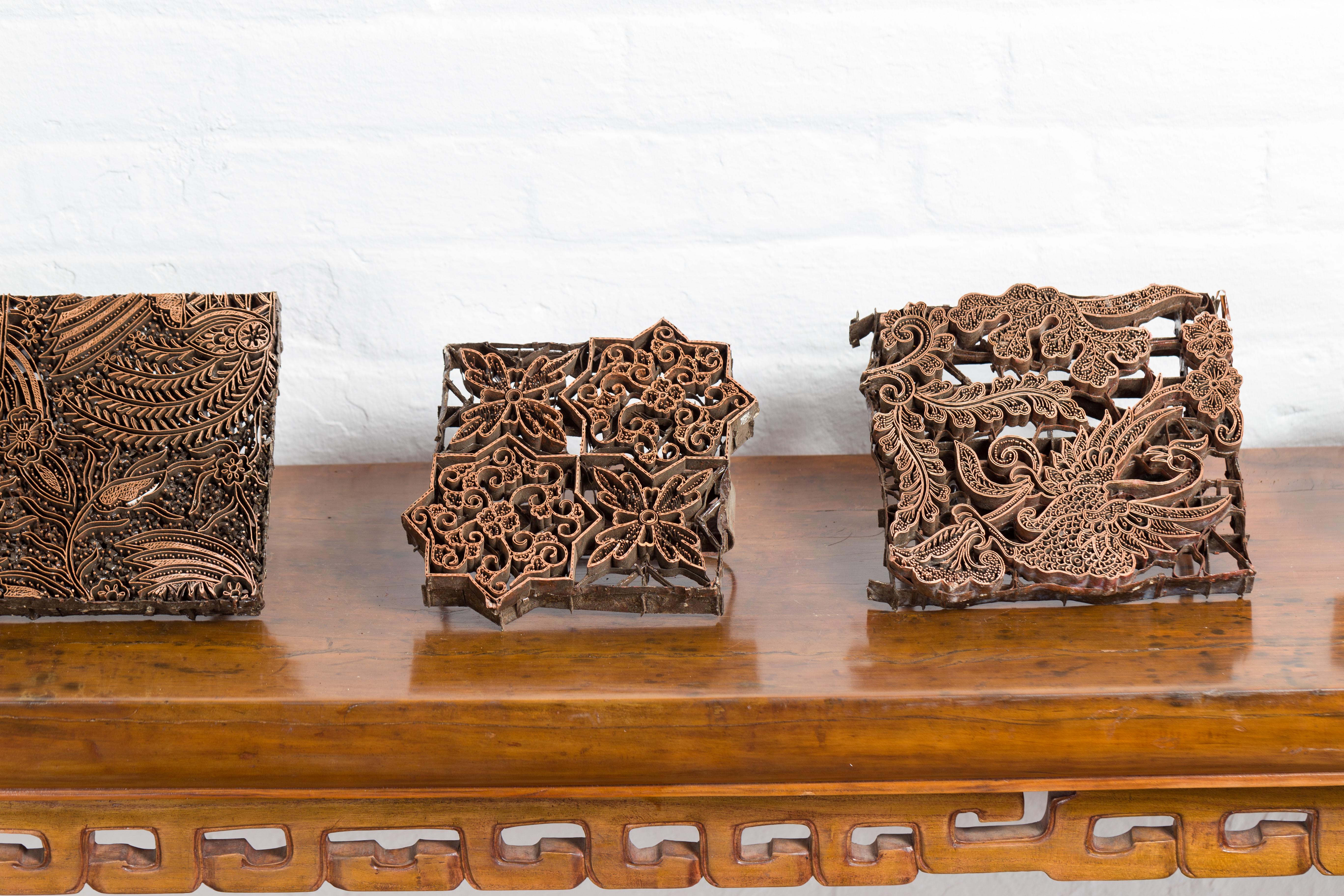 Five Vintage Indonesian Copper Batik Textile Floral Printing Blocks with Handles 1