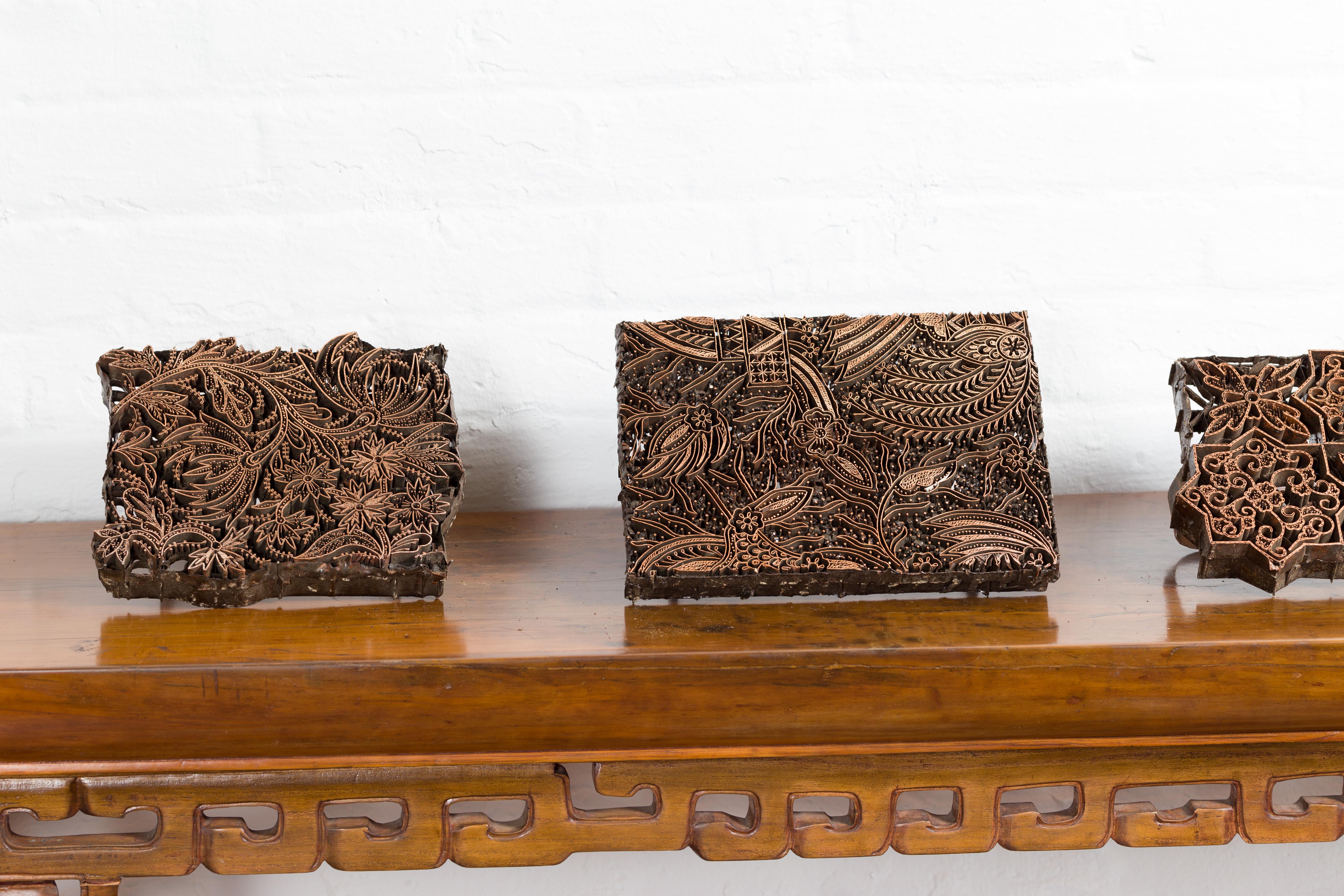 Five Vintage Indonesian Copper Batik Textile Floral Printing Blocks with Handles 5