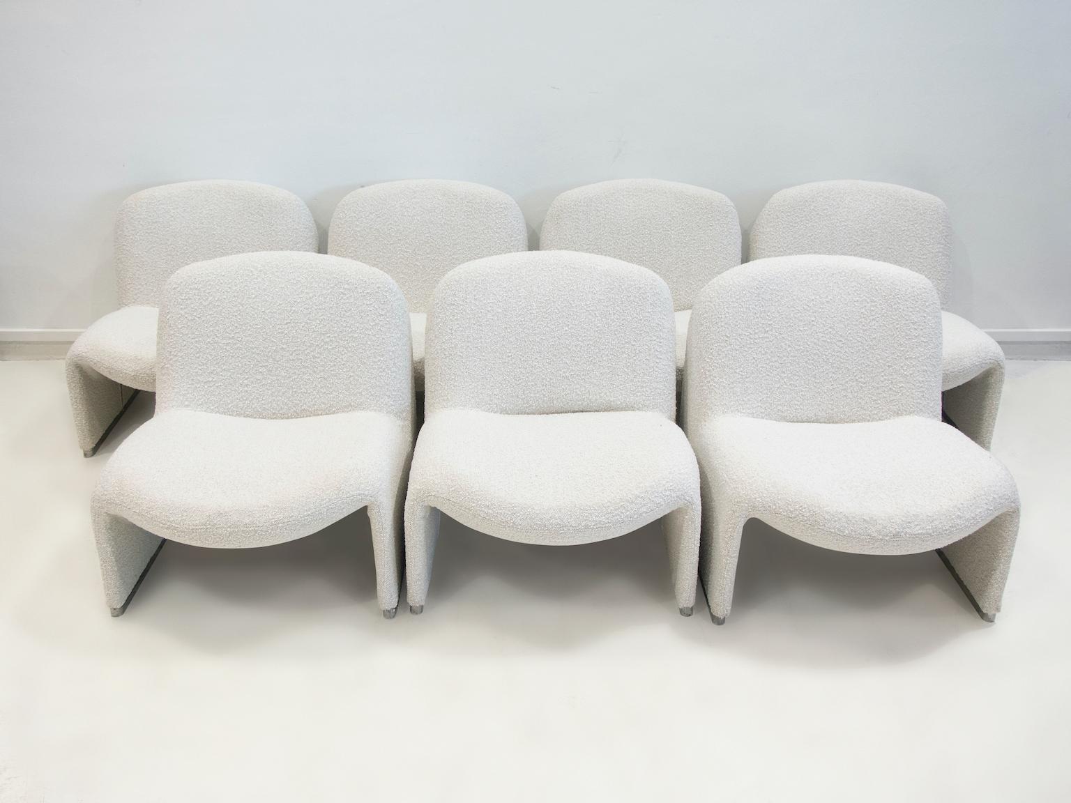 Mid-Century Modern Five White Bouclé Fabric Upholstered Giancarlo Piretti Alky Easy Chairs For Sale