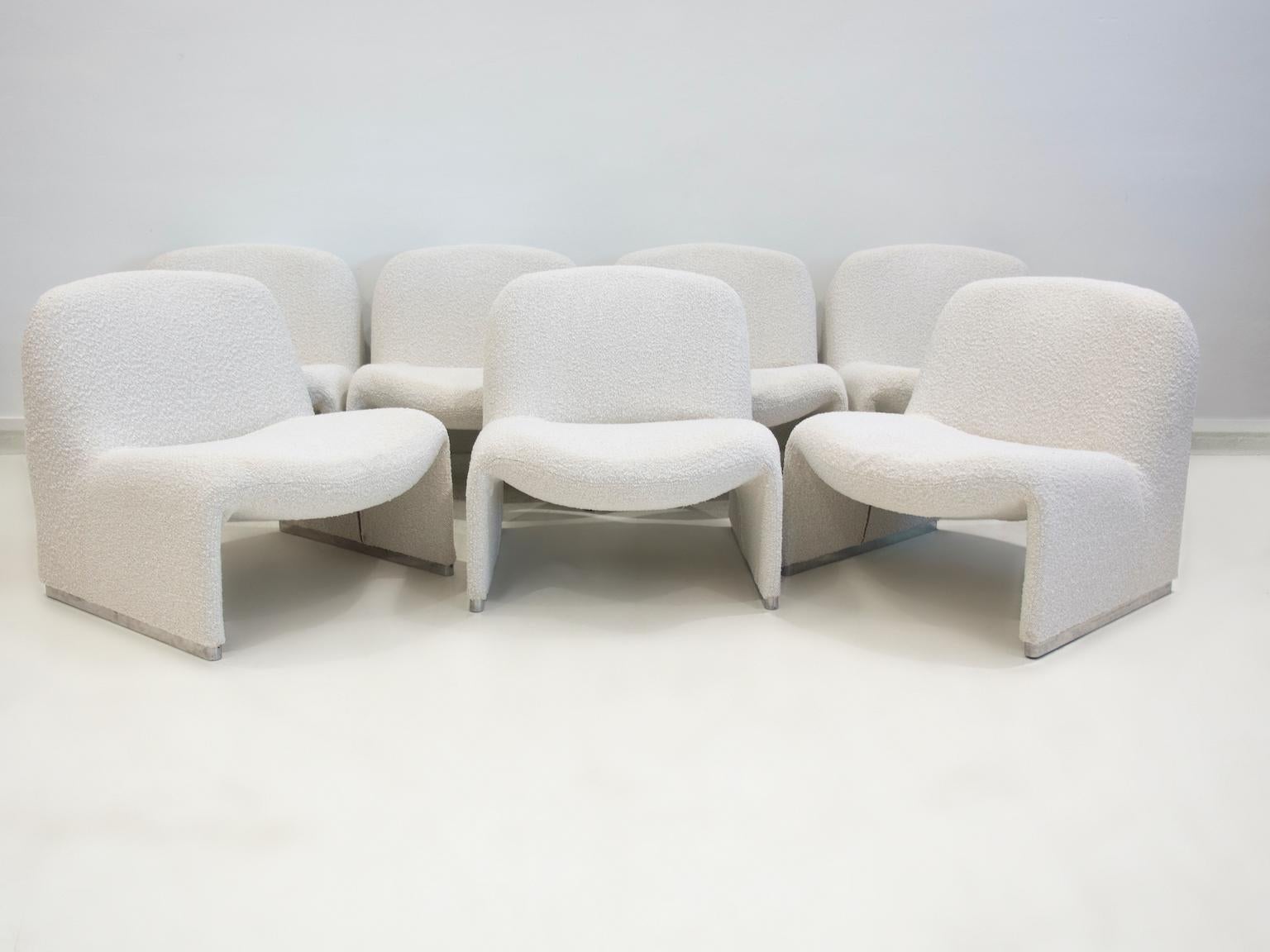Italian Five White Bouclé Fabric Upholstered Giancarlo Piretti Alky Easy Chairs For Sale