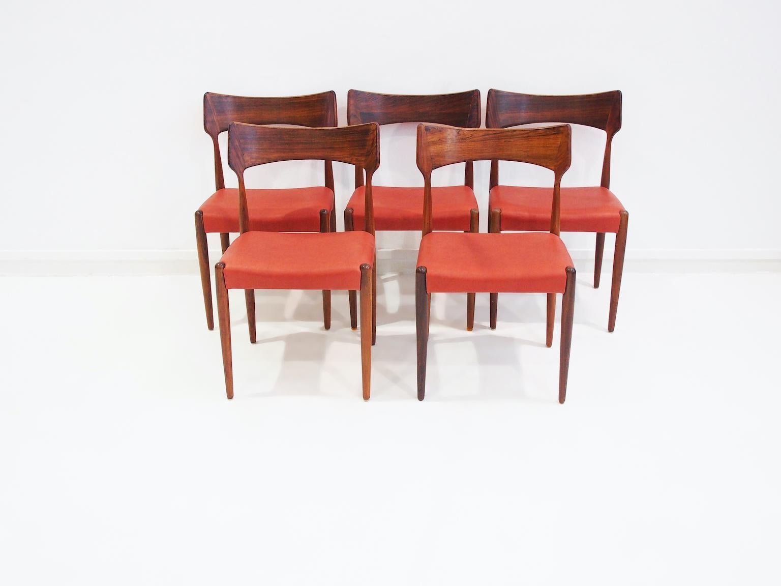 Scandinavian Modern Five Wood and Leather Dining Chairs by Bernhard Pedersen & Son For Sale