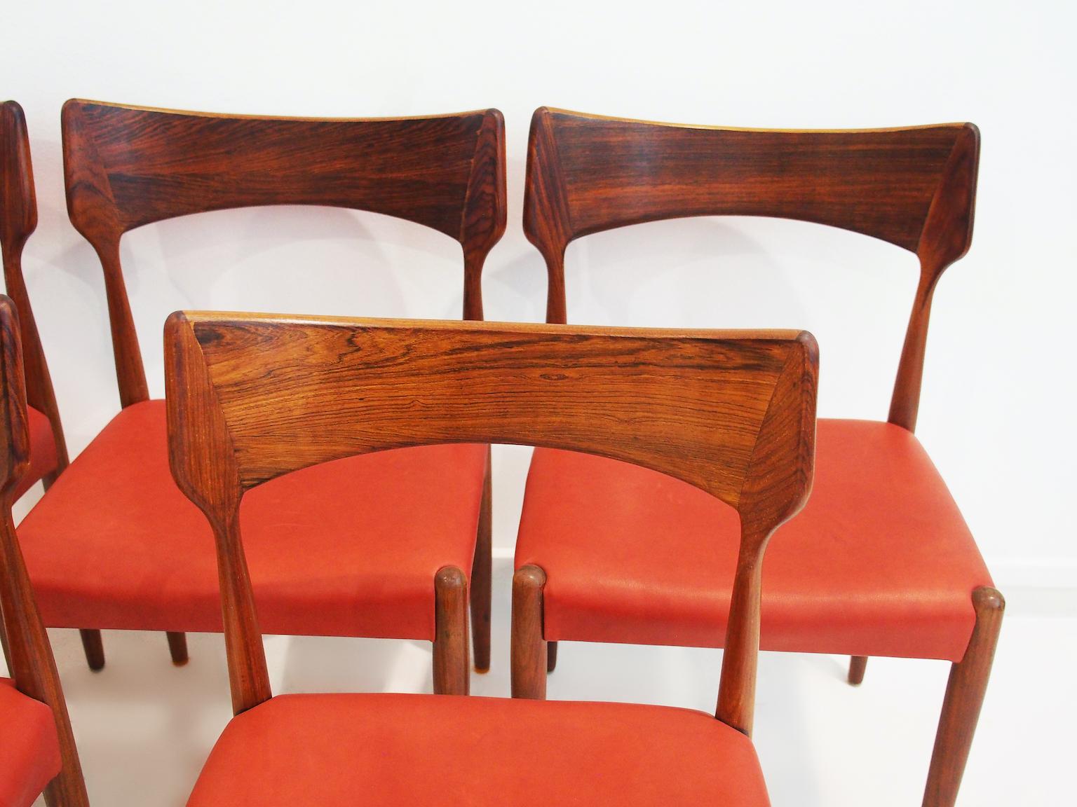 Danish Five Wood and Leather Dining Chairs by Bernhard Pedersen & Son For Sale