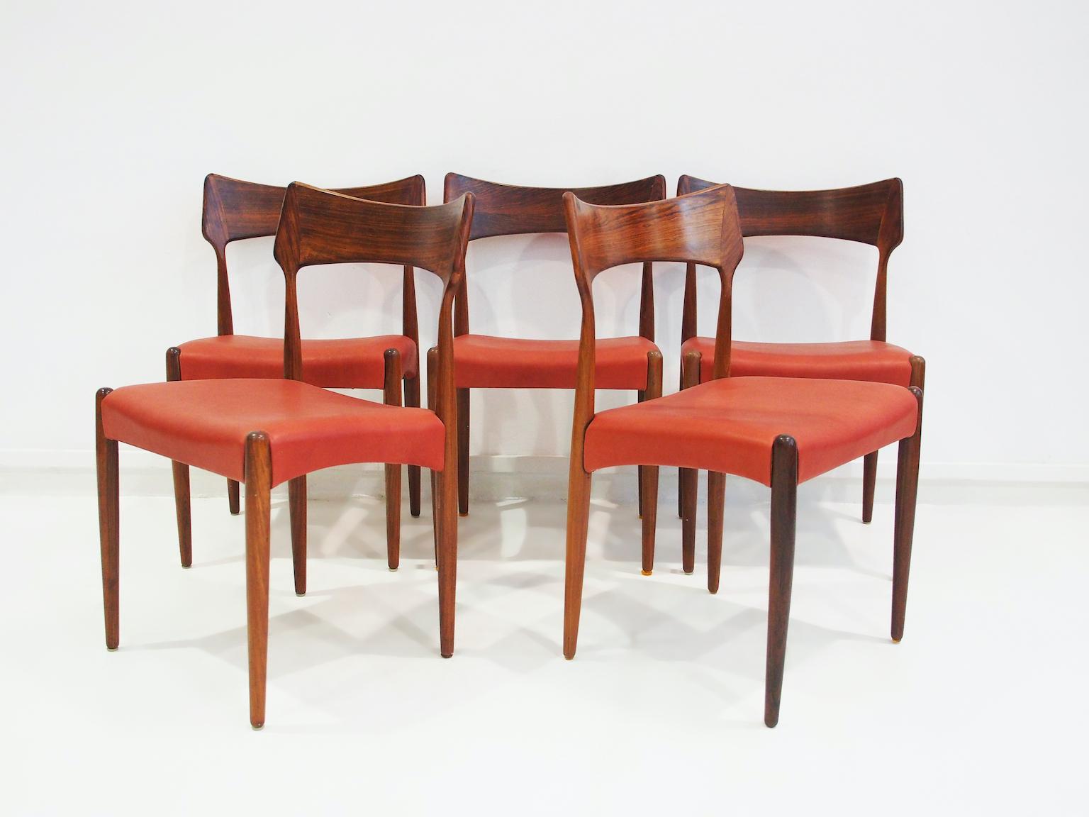 Five Wood and Leather Dining Chairs by Bernhard Pedersen & Son In Good Condition For Sale In Madrid, ES