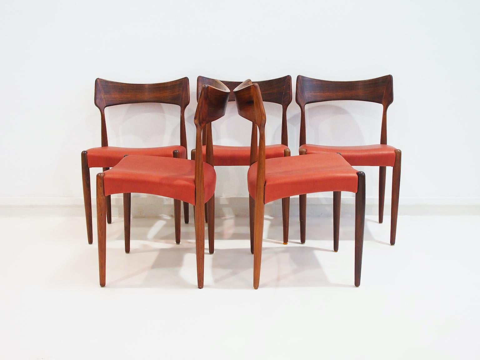 20th Century Five Wood and Leather Dining Chairs by Bernhard Pedersen & Son For Sale