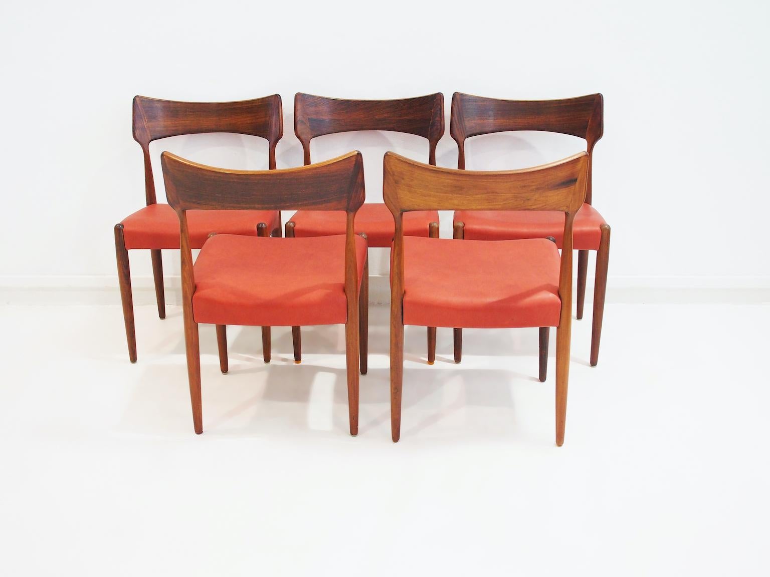 Five Wood and Leather Dining Chairs by Bernhard Pedersen & Son For Sale 1