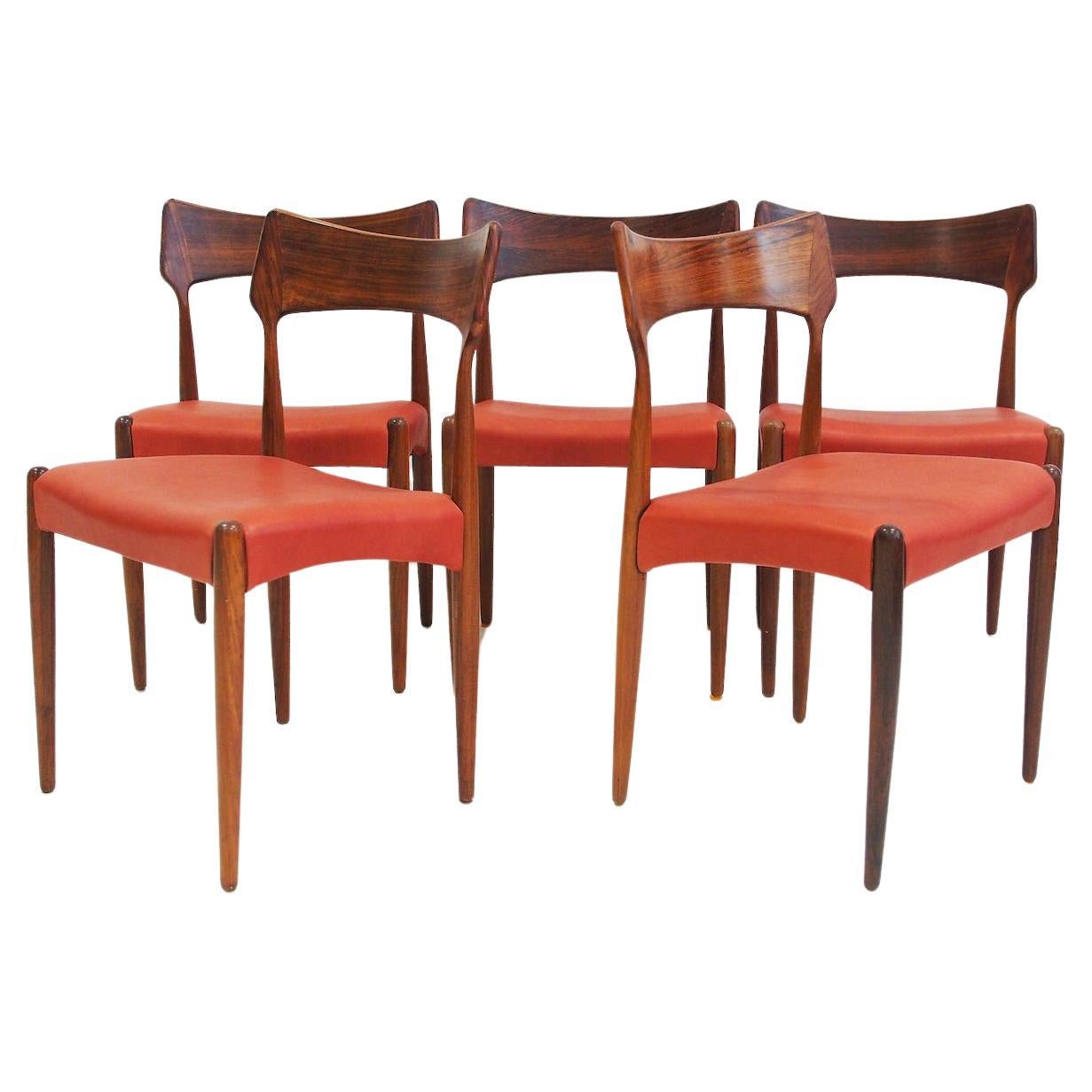 Five Wood and Leather Dining Chairs by Bernhard Pedersen & Son For Sale