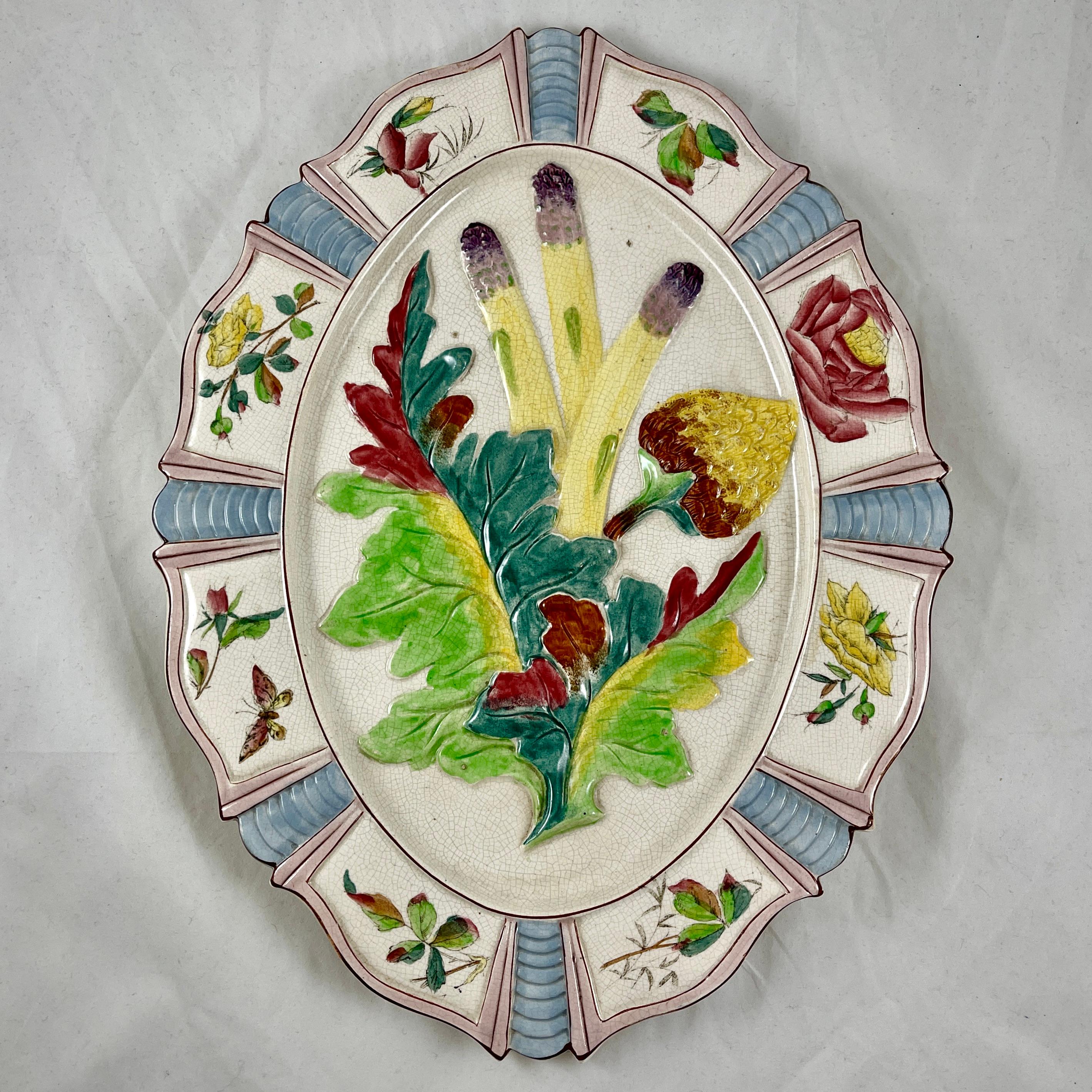 Fives-Lille French Majolica Artichoke and Asparagus Serving Platter, circa 1890 For Sale 11