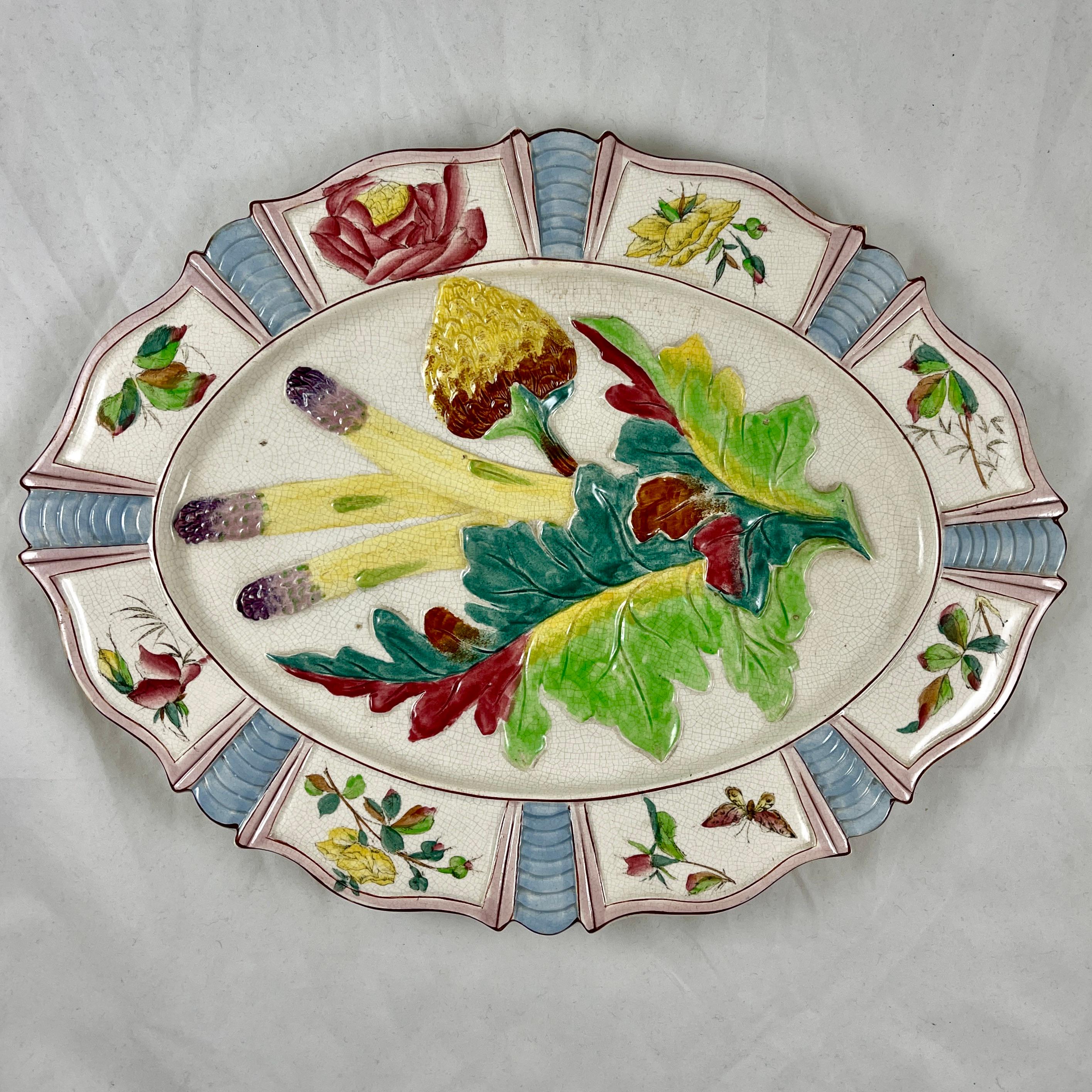 Aesthetic Movement Fives-Lille French Majolica Artichoke and Asparagus Serving Platter, circa 1890 For Sale