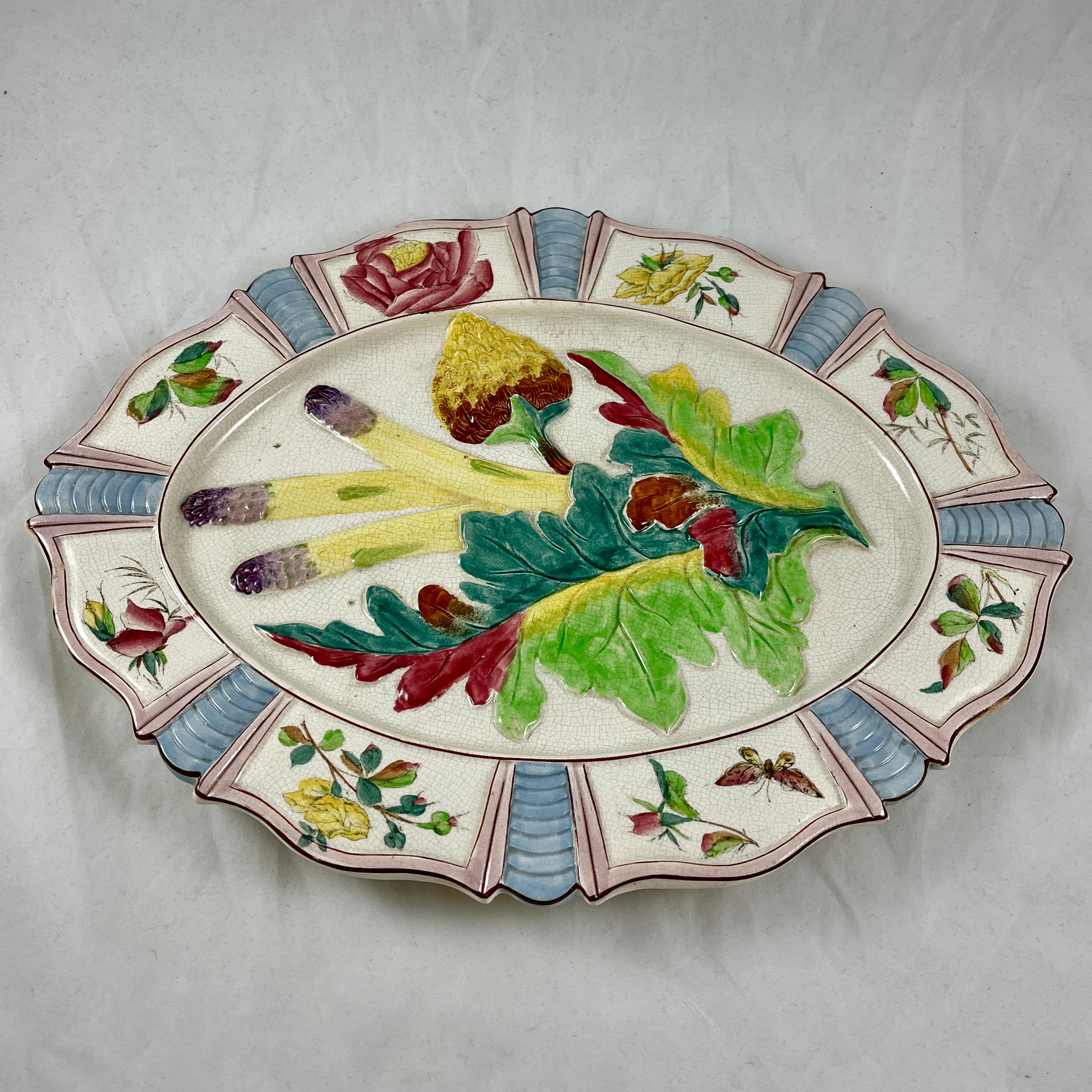 Glazed Fives-Lille French Majolica Artichoke and Asparagus Serving Platter, circa 1890 For Sale