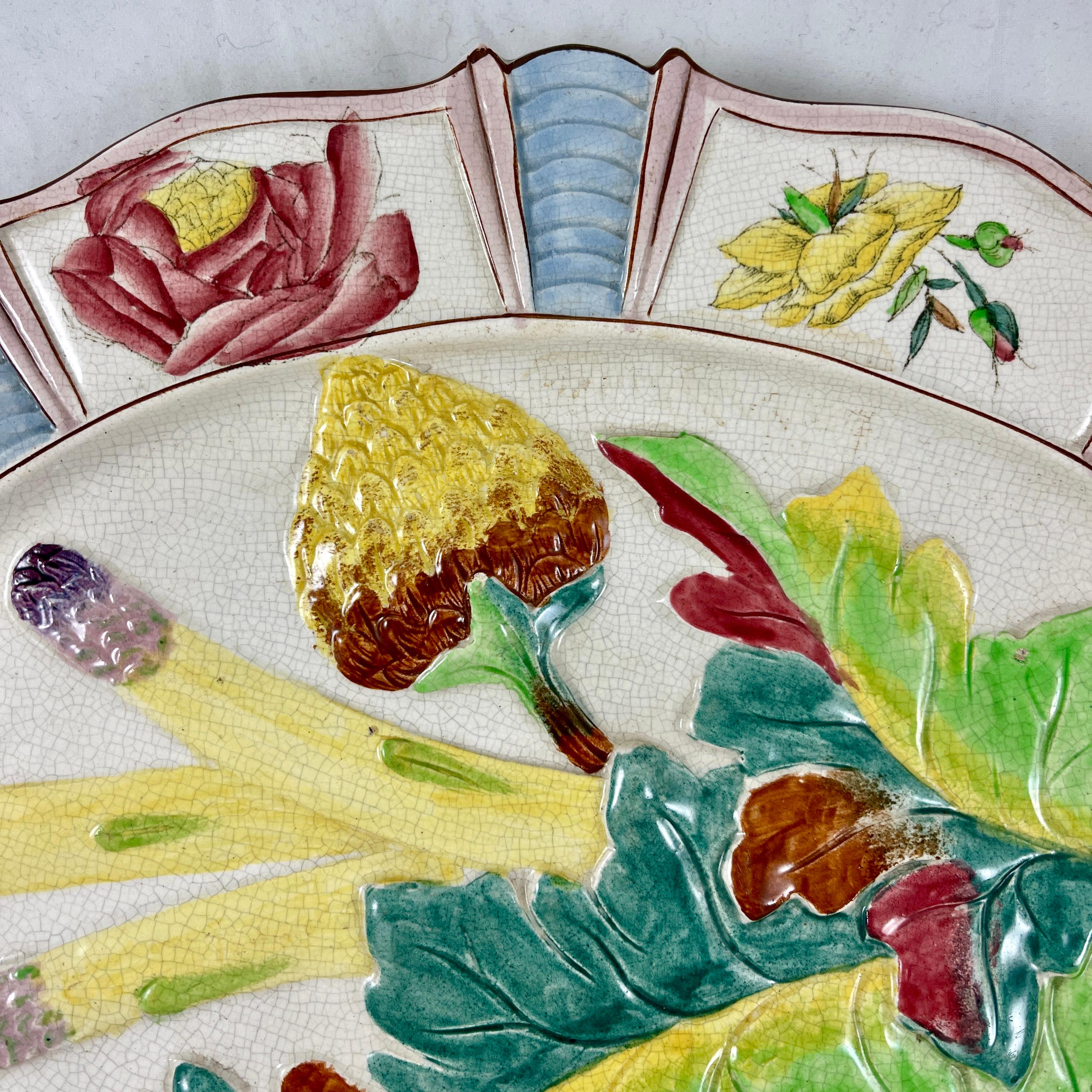 Fives-Lille French Majolica Artichoke and Asparagus Serving Platter, circa 1890 In Good Condition For Sale In Philadelphia, PA