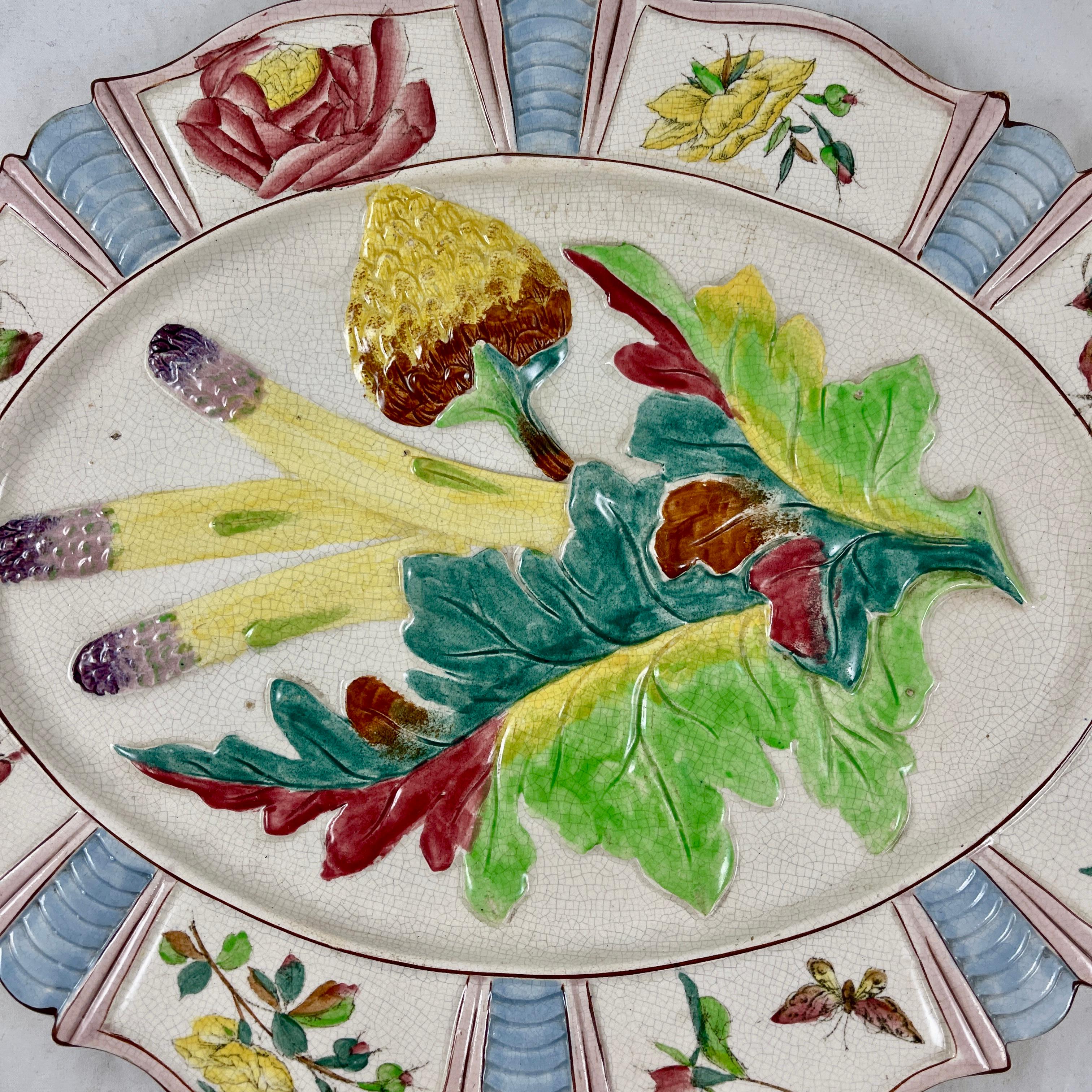 19th Century Fives-Lille French Majolica Artichoke and Asparagus Serving Platter, circa 1890 For Sale