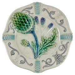 Fives-Lille French Majolica Artichoke & Asparagus Mask Plate, circa 1890