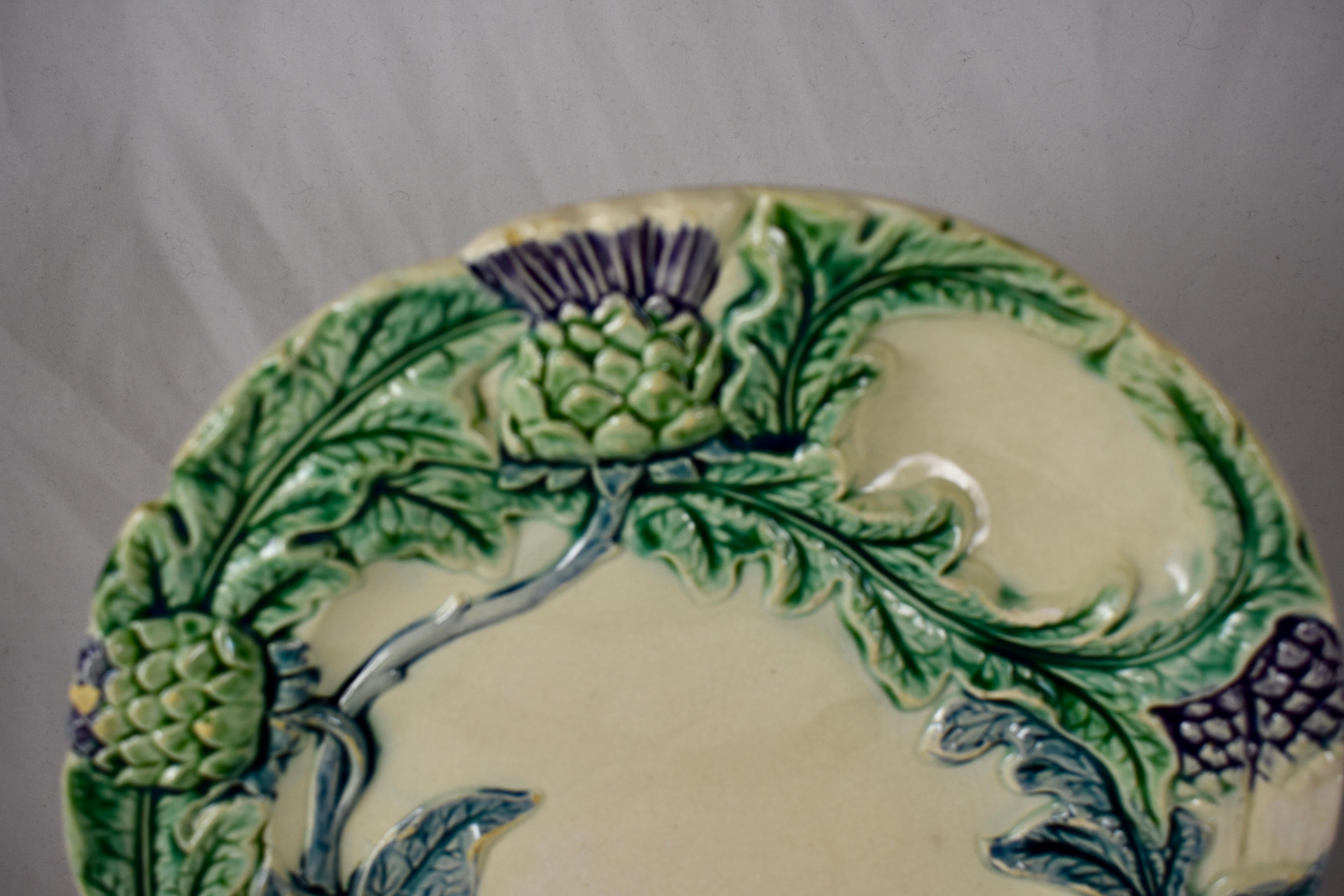 Glazed Fives-Lille French Majolica Artichoke & Asparagus Plate, circa 1890