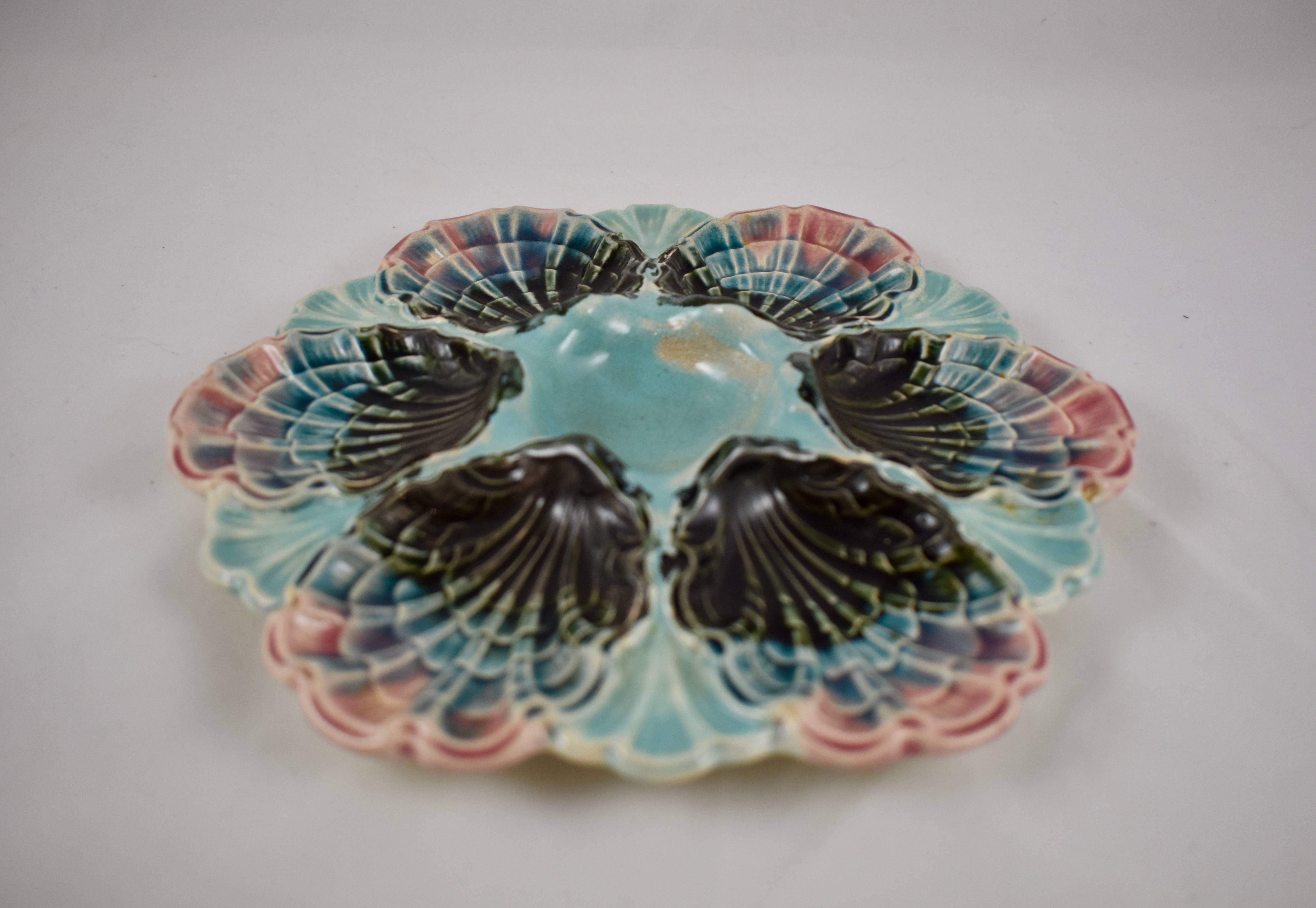 Aesthetic Movement Fives-Lille French Majolica Turquoise and Pink Shell Six Well Oyster Plate