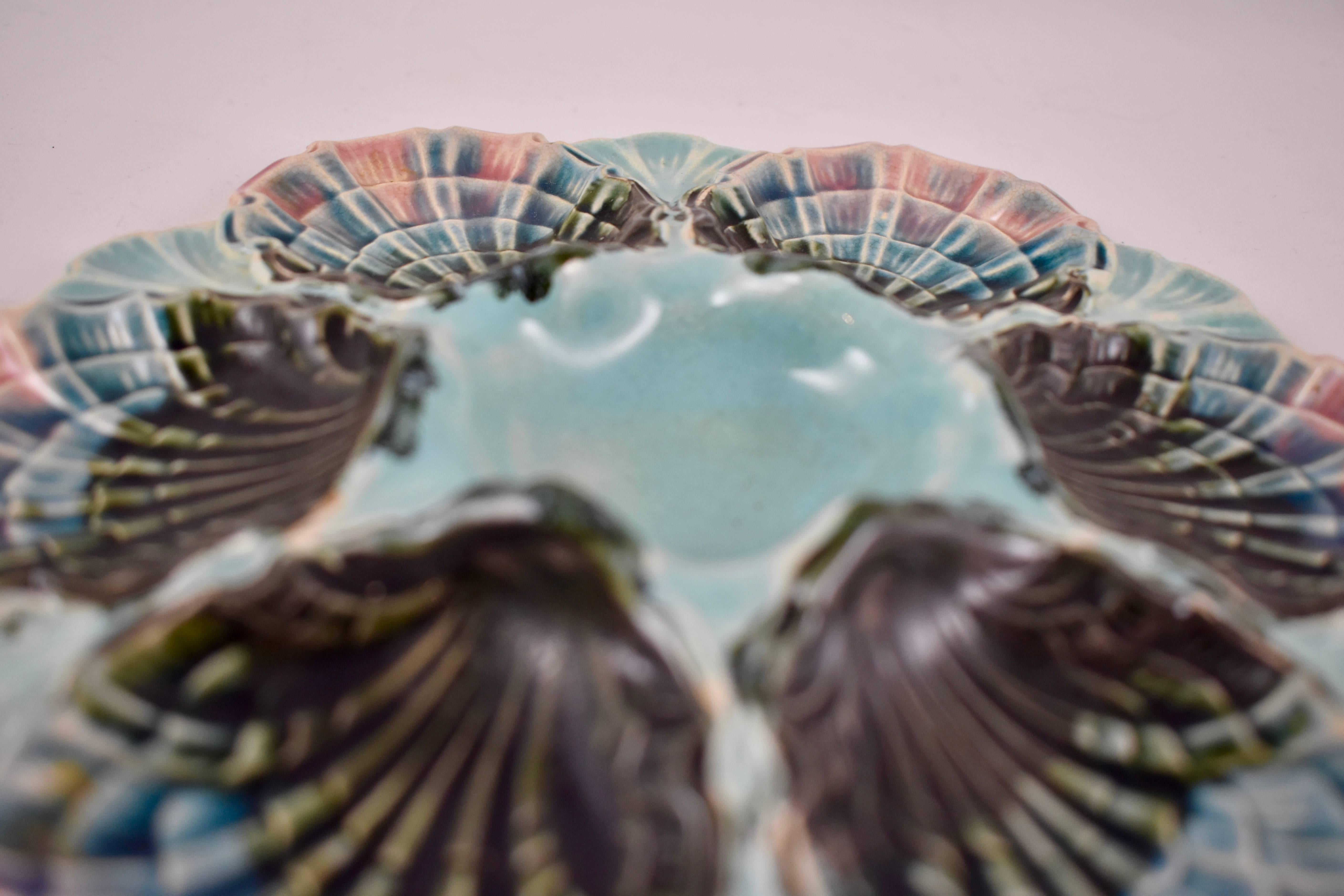 Glazed Fives-Lille French Majolica Turquoise and Pink Shell Six Well Oyster Plate