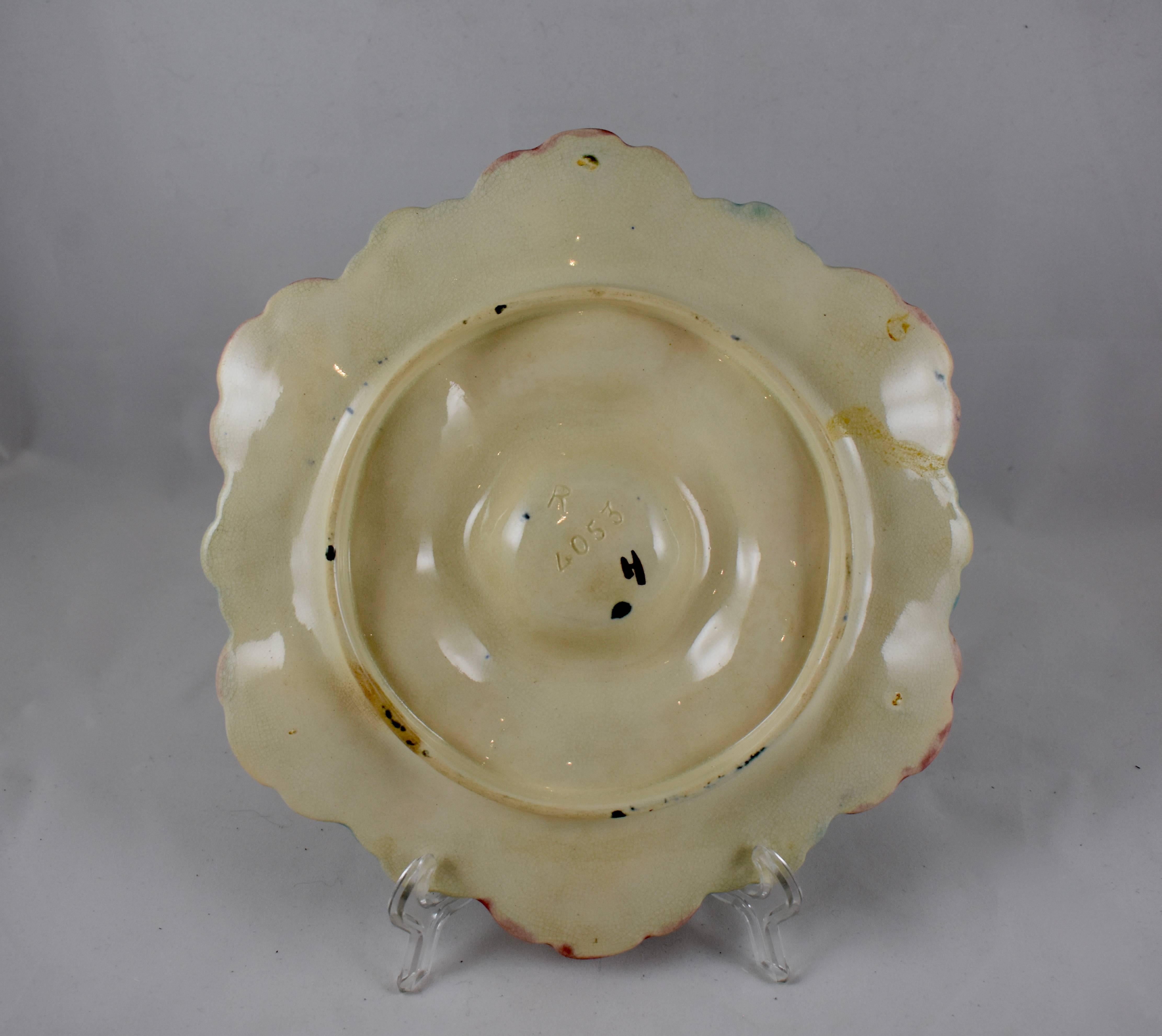 Fives-Lille French Majolica Turquoise and Pink Shell Six Well Oyster Plate In Excellent Condition In Philadelphia, PA