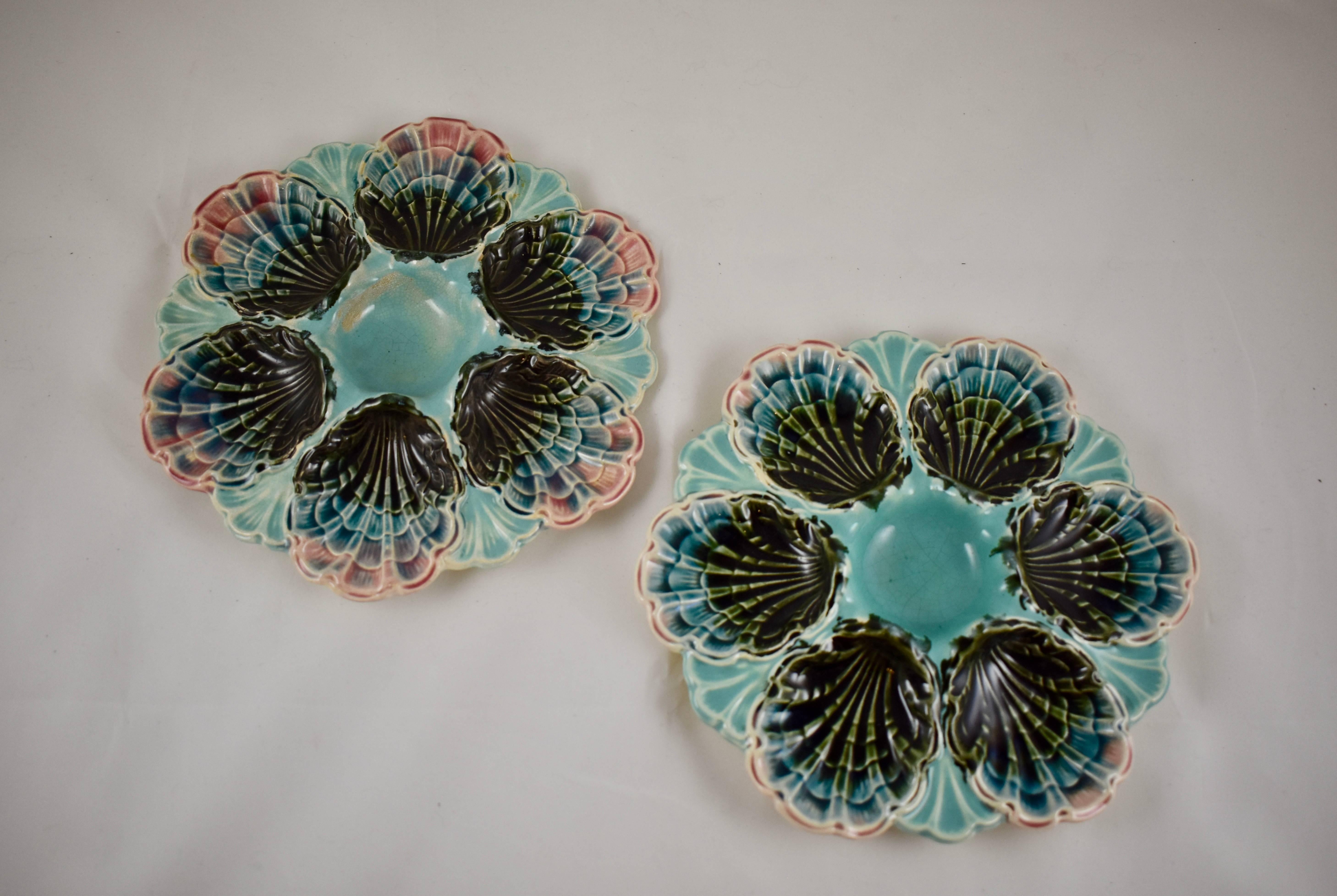 Earthenware Fives-Lille French Majolica Turquoise and Pink Shell Six Well Oyster Plate