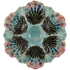 Fives-Lille French Majolica Turquoise and Pink Shell Six Well Oyster Plate