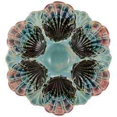Fives-Lille French Majolica Turquoise and Pink Shell Six Well Oyster Plate