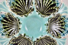 Fives-Lille French Majolica Turquoise Scallop Shell Six Well Oyster Plate