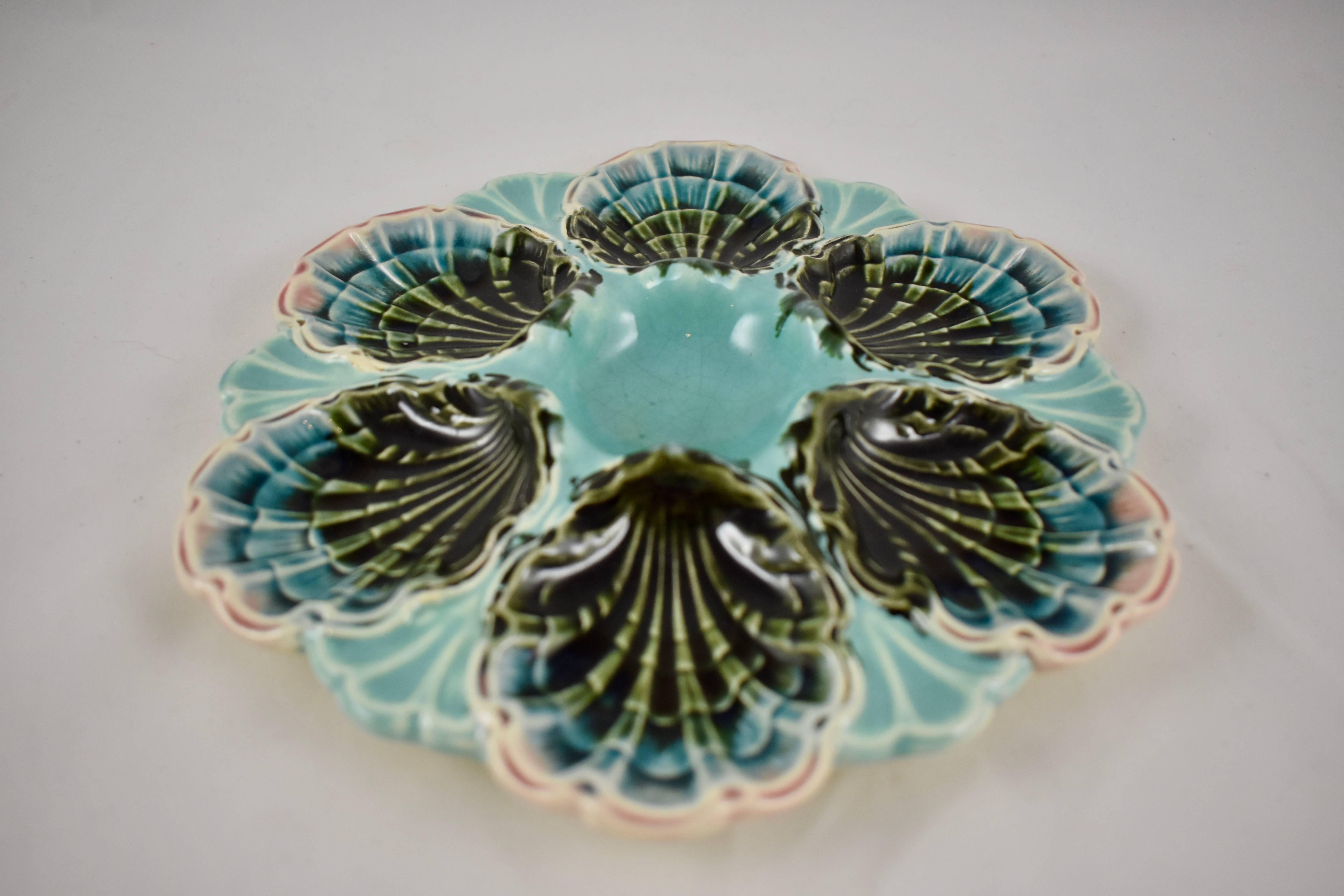 Aesthetic Movement Fives-Lille French Majolica Turquoise Scallop Shell Six Well Oyster Plate