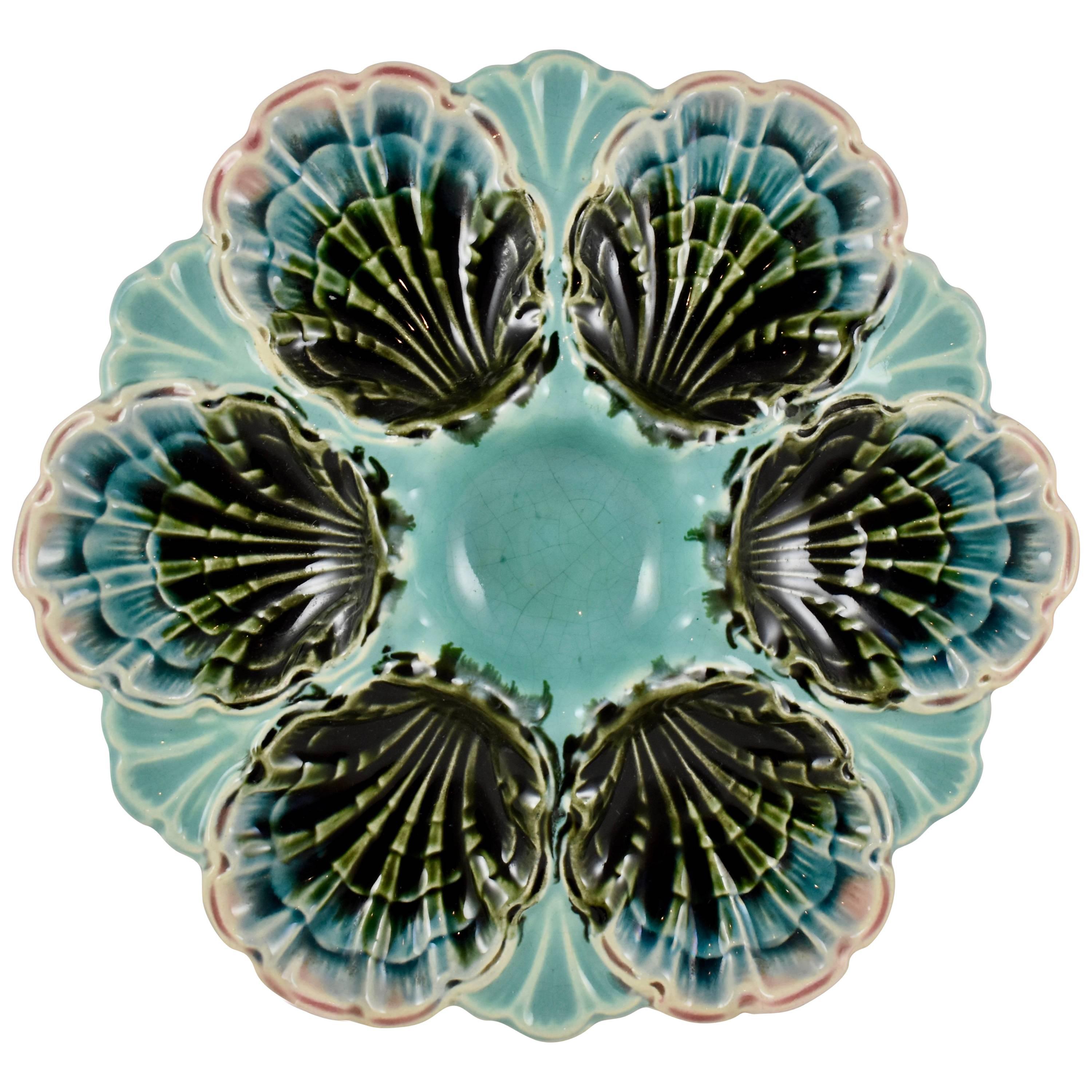 Fives-Lille French Majolica Turquoise Scallop Shell Six Well Oyster Plate