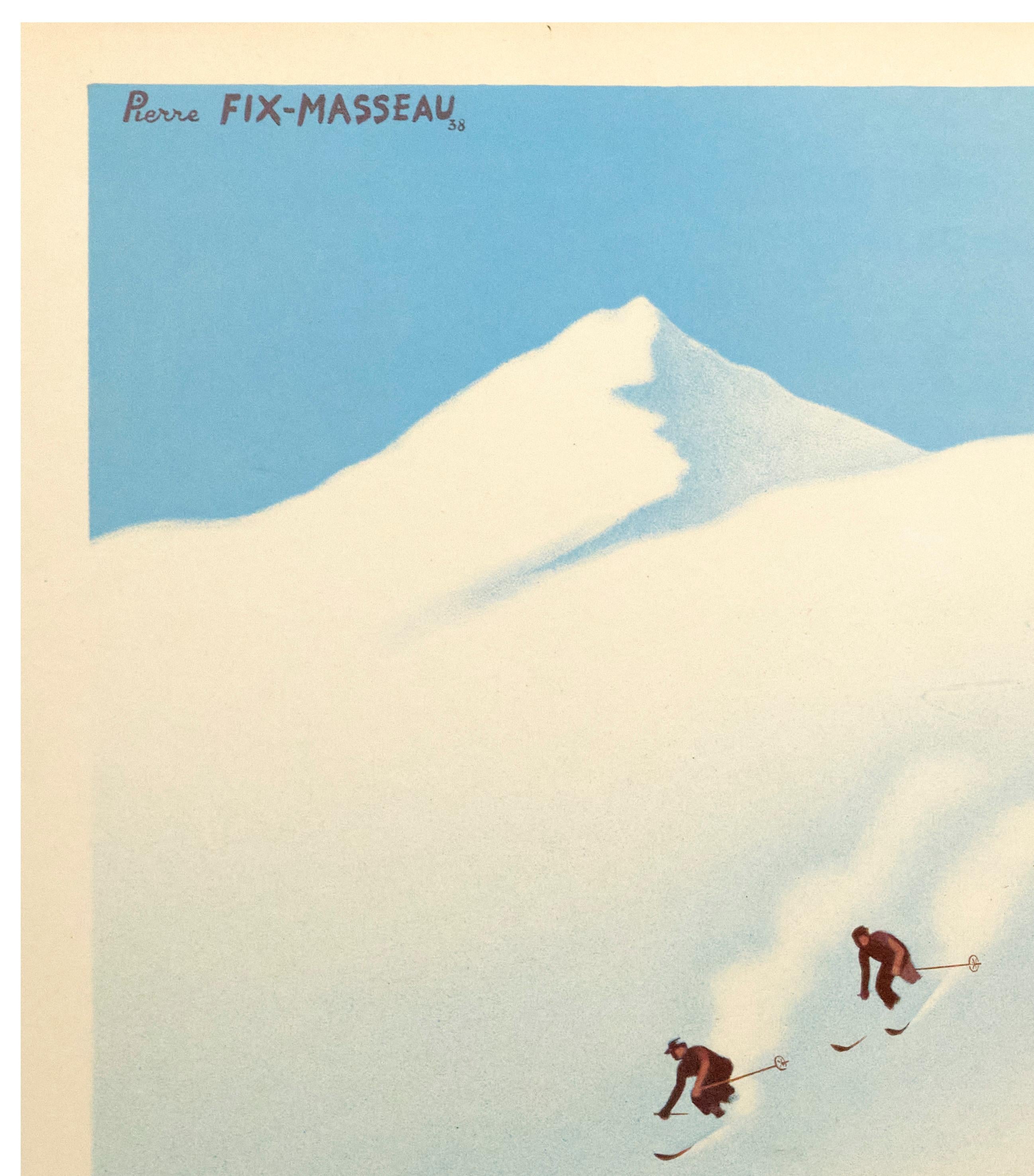 Poster for the Société Nationale des Chemins de Fer Français (SNCF) produced by Pierre Fix-Masseau in 1938 to promote winter tourism to mountainous destinations in France.

Artist: Fix-Masseau Pierre (1905-1994)
Title: Bon Voyage – Bonne Neige -