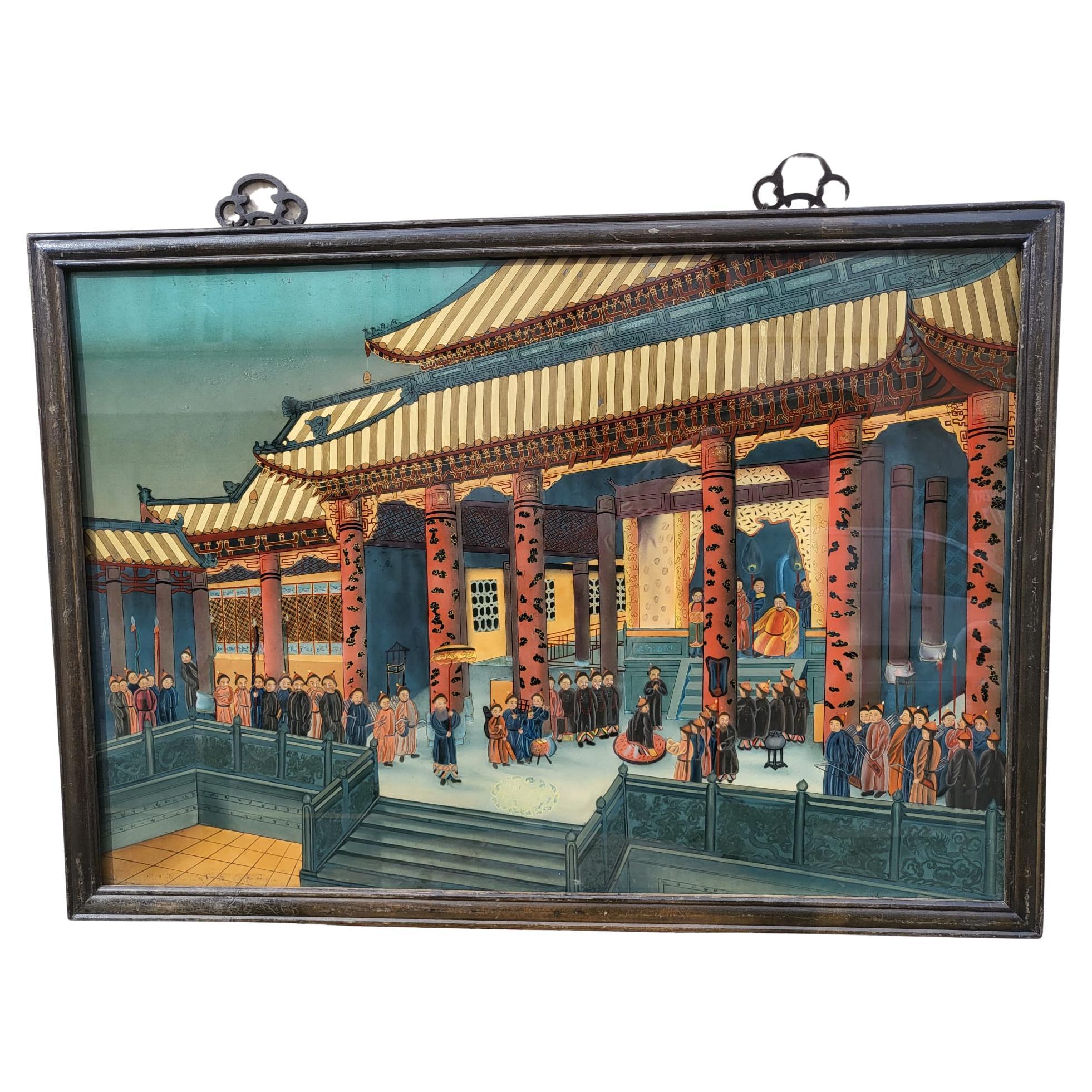 Fixé Sous Verre, Palace Scene in Asia, 20th Century For Sale