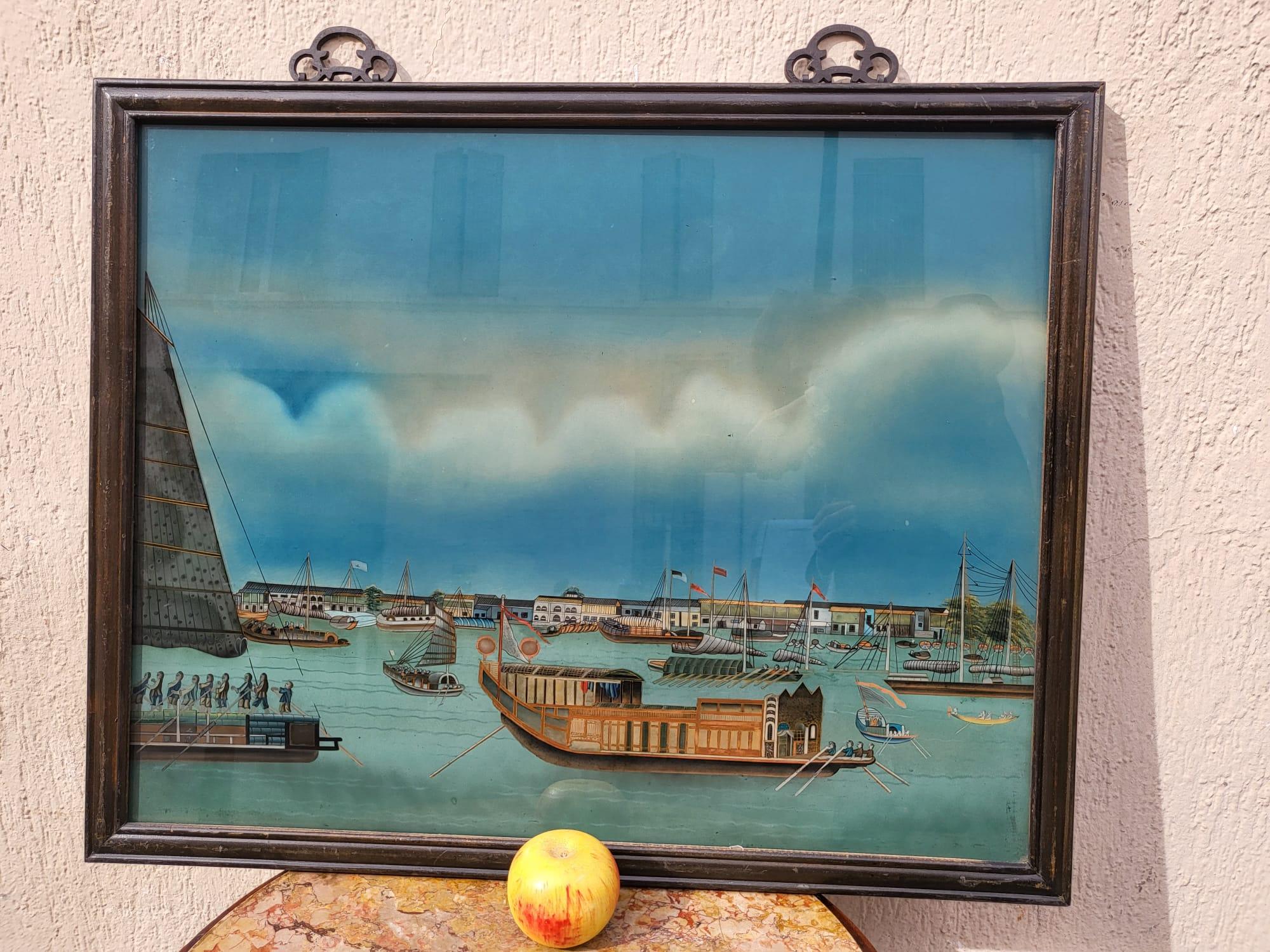 Fixé Sous Verre, View of a Port in Asia, 20th Century For Sale 2