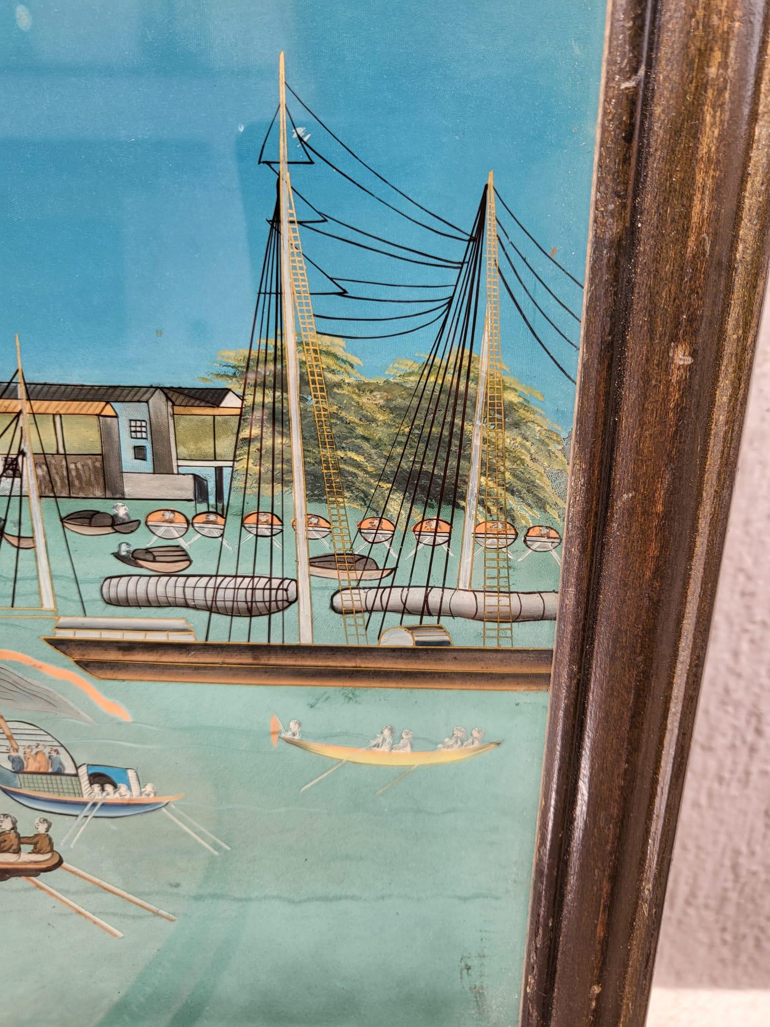 Fixé Sous Verre, View of a Port in Asia, 20th Century For Sale 3