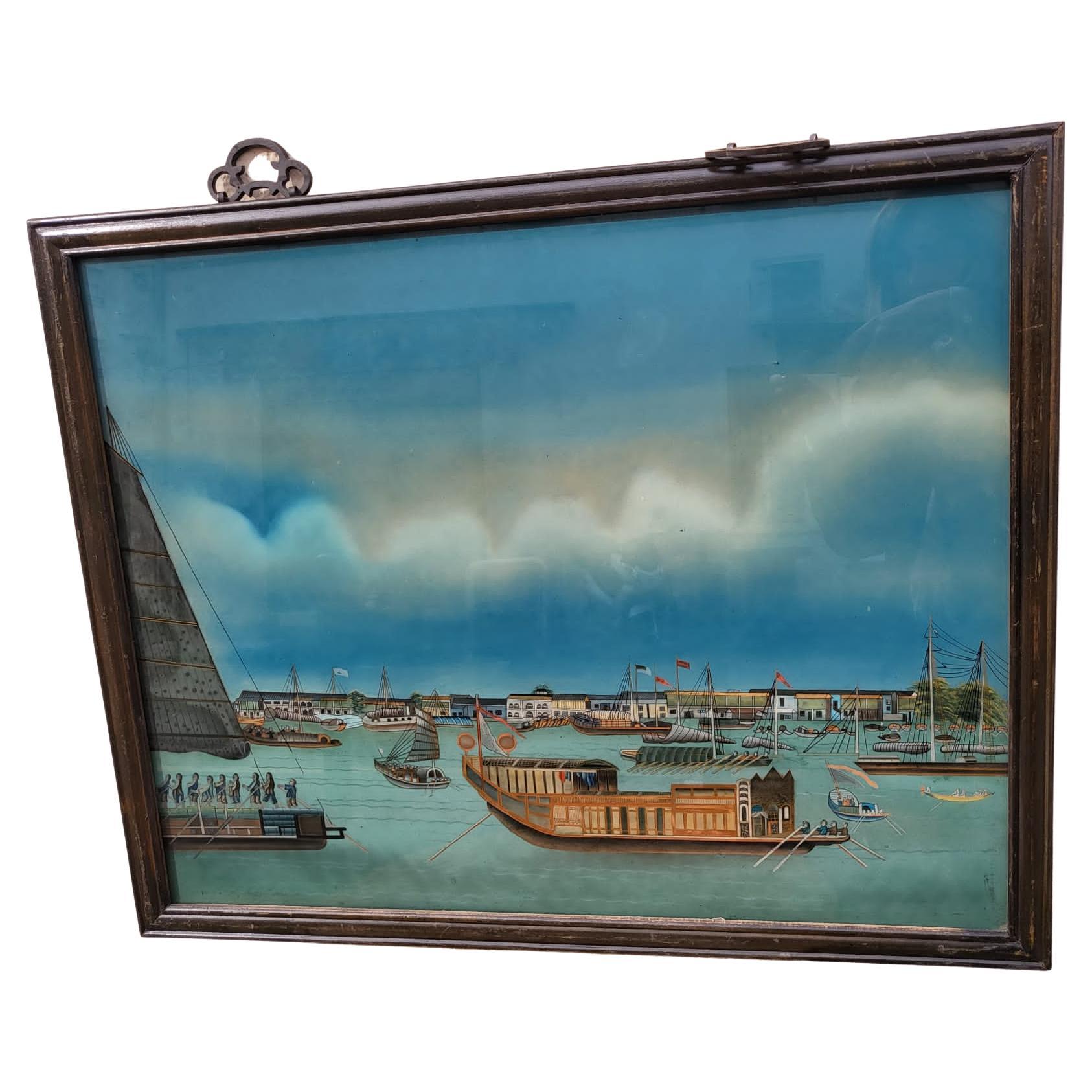 Fixé Sous Verre, View of a Port in Asia, 20th Century For Sale