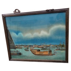 Fixé Sous Verre, View of a Port in Asia, 20th Century