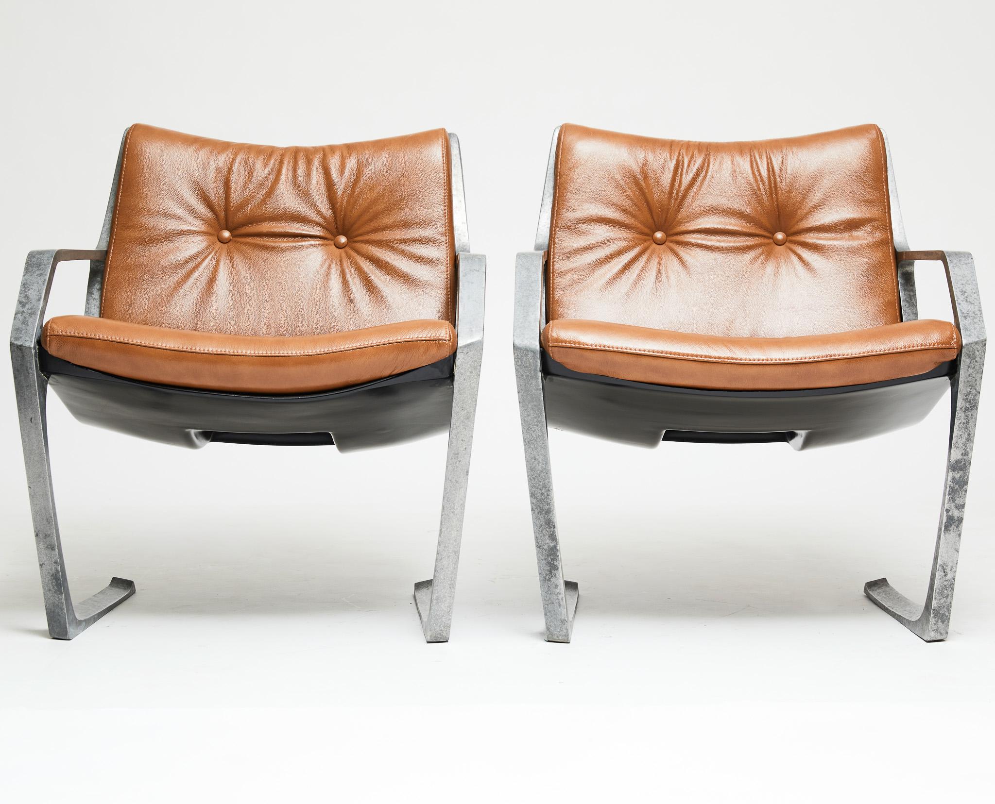Brazilian Mid-Century Modern Armchairs in Aluminum & Brown Leather. Jorge Zalszupin Brazil