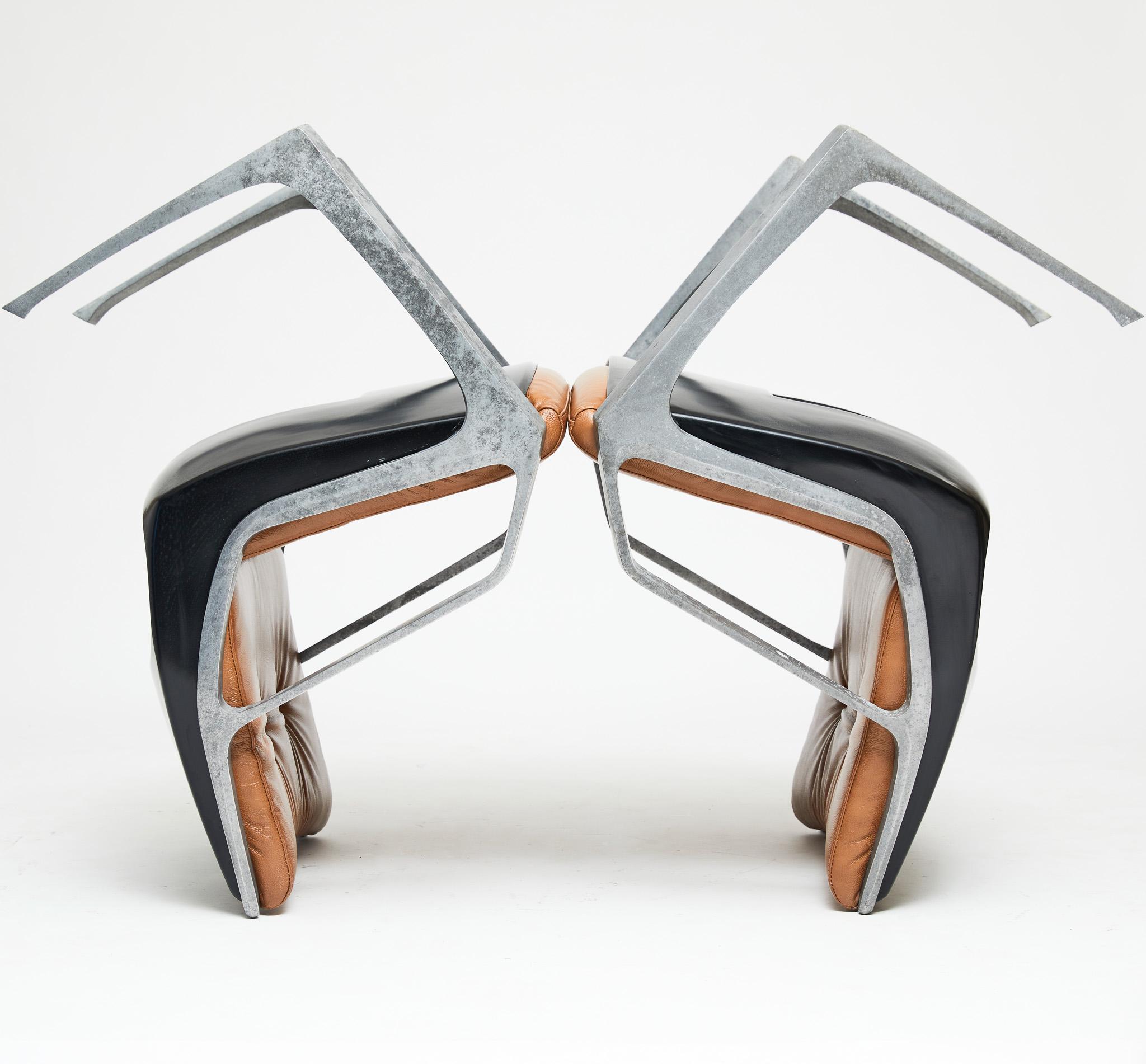 Metalwork Mid-Century Modern Armchairs in Aluminum & Brown Leather. Jorge Zalszupin Brazil