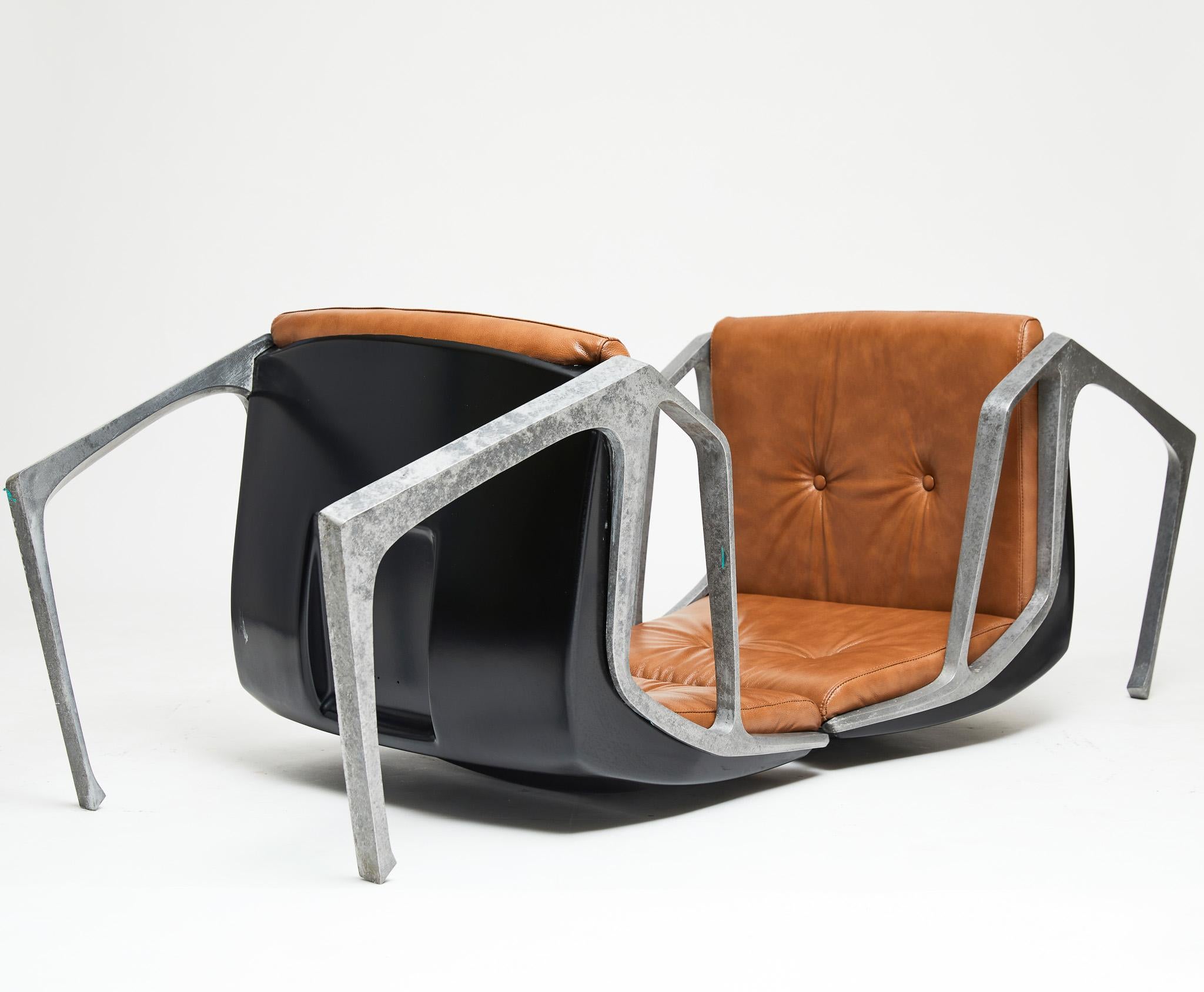 Mid-Century Modern Armchairs in Aluminum & Brown Leather. Jorge Zalszupin Brazil 1