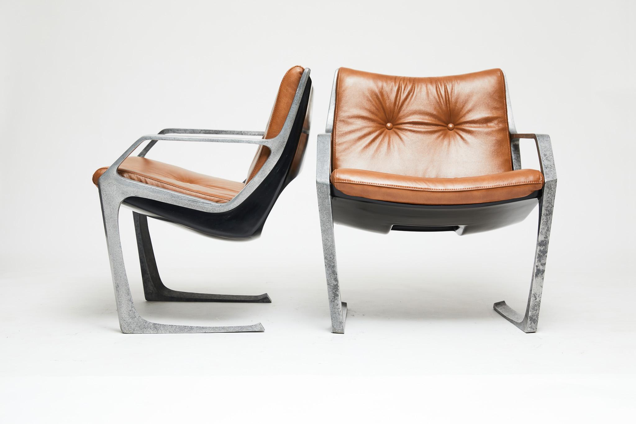 Mid-Century Modern Armchairs in Aluminum & Brown Leather. Jorge Zalszupin Brazil 2